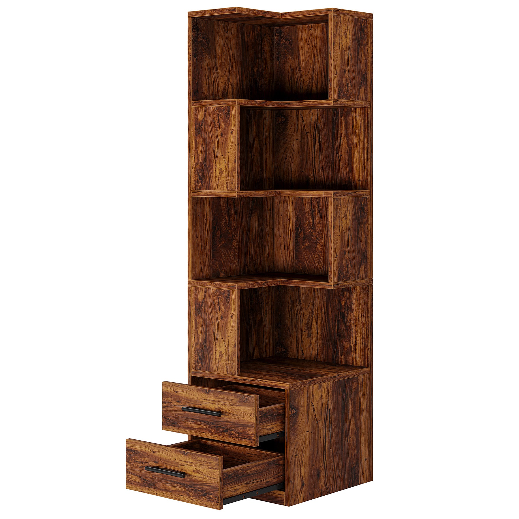 170cm L-Shaped Bookshelf, Corner Bookcase with 5-Tier Shelf & 2 Drawers