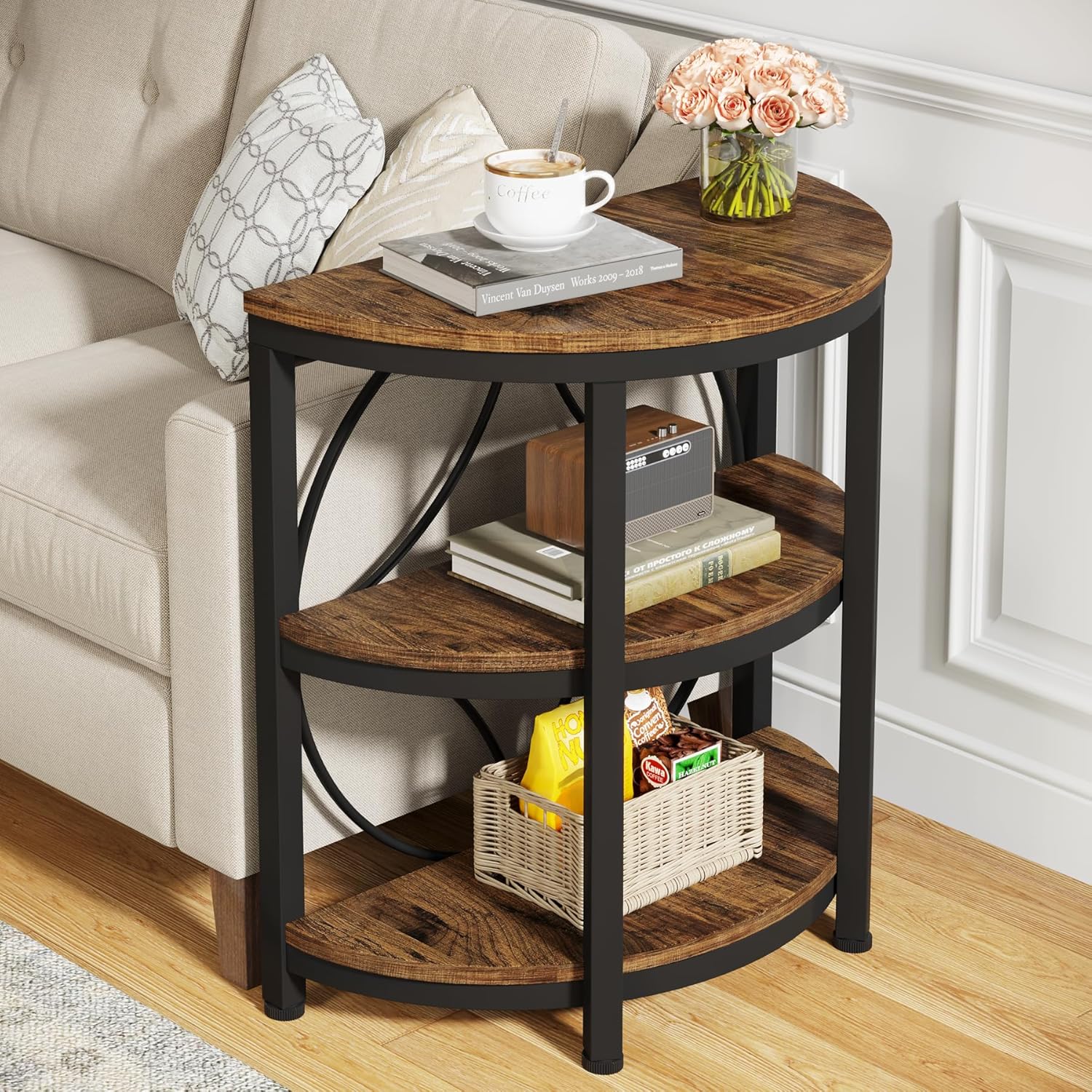 60cm Side Table, 3-Tier Half Round Side Table with Storage Shelves