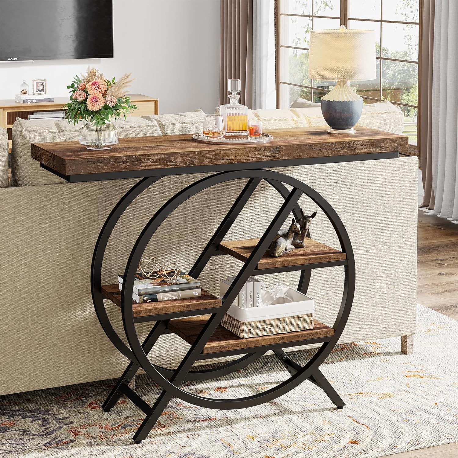 100cm Console Table, 4-Tier Hallway Sofa Table with Geometric Metal Frame