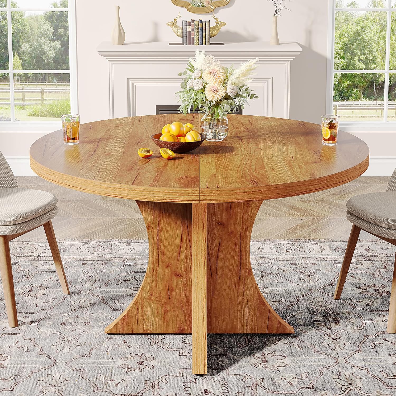 120cm Round Dining Table, Farmhouse Kitchen Table with Pedestal Base for 4-6