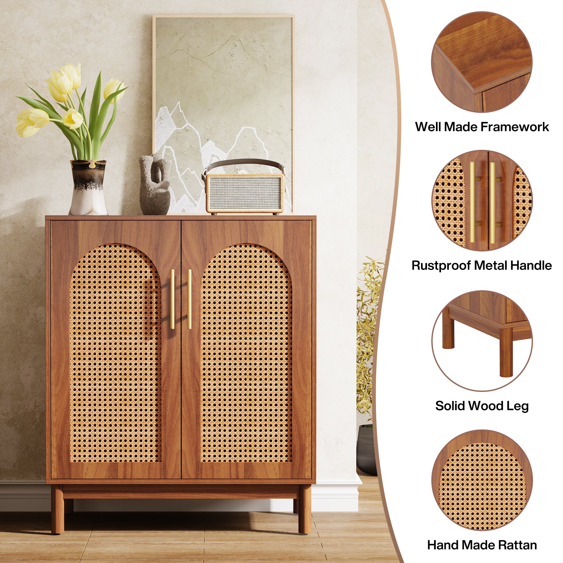 150cm Sideboard Buffet, Set of 2 Rattan Accent Cabinet with Storage