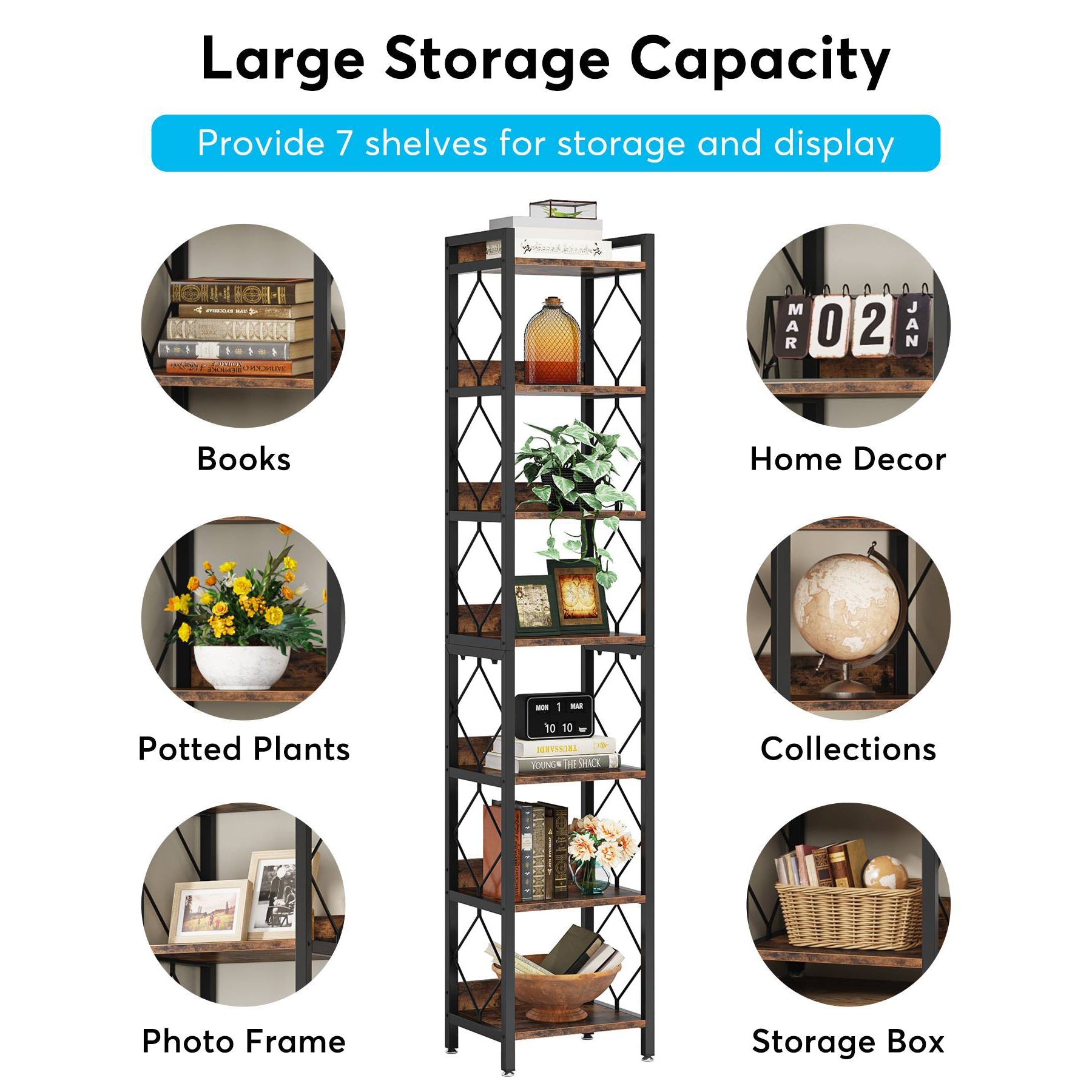 Modern 7-Tier Corner Shelf, 200cm Tall Narrow Bookcase for Corners