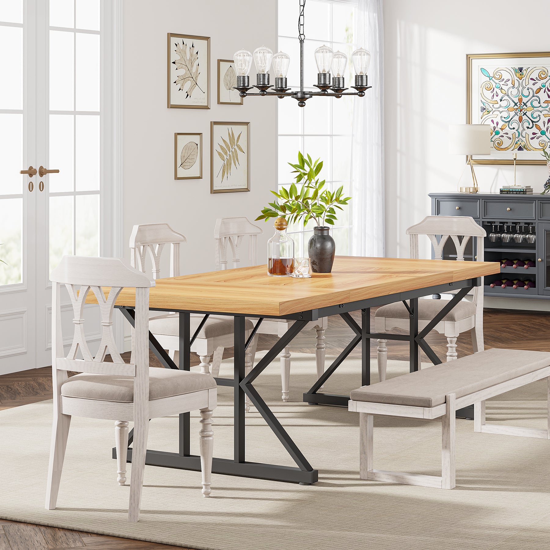 Wood Dining Table, Farmhouse 180cm Kitchen Table for 6 People