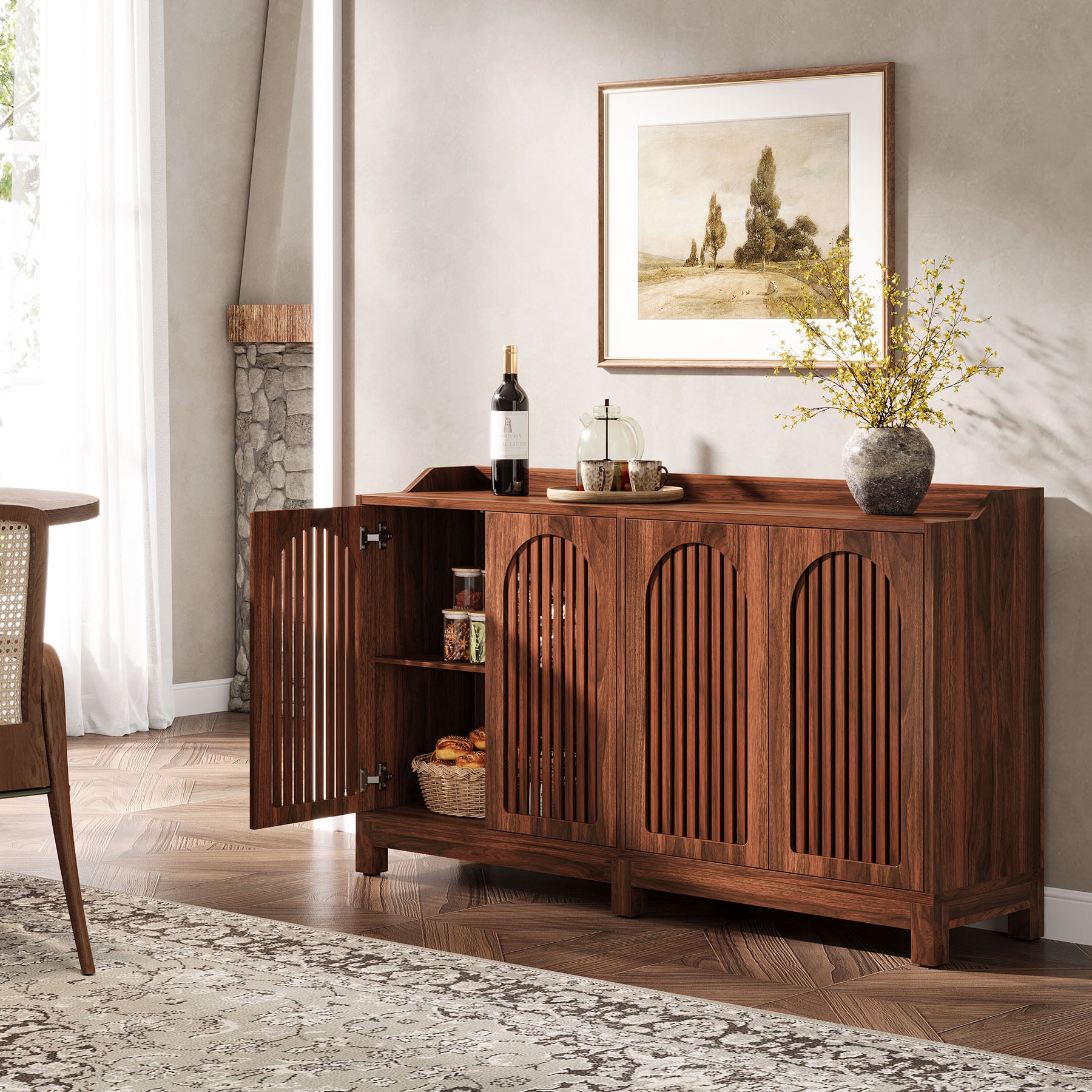 145cm Farmhouse Sideboard Buffet Cabinet with Shutter Doors, Freestanding Storage Cabinet for Kitchen & Dining Room