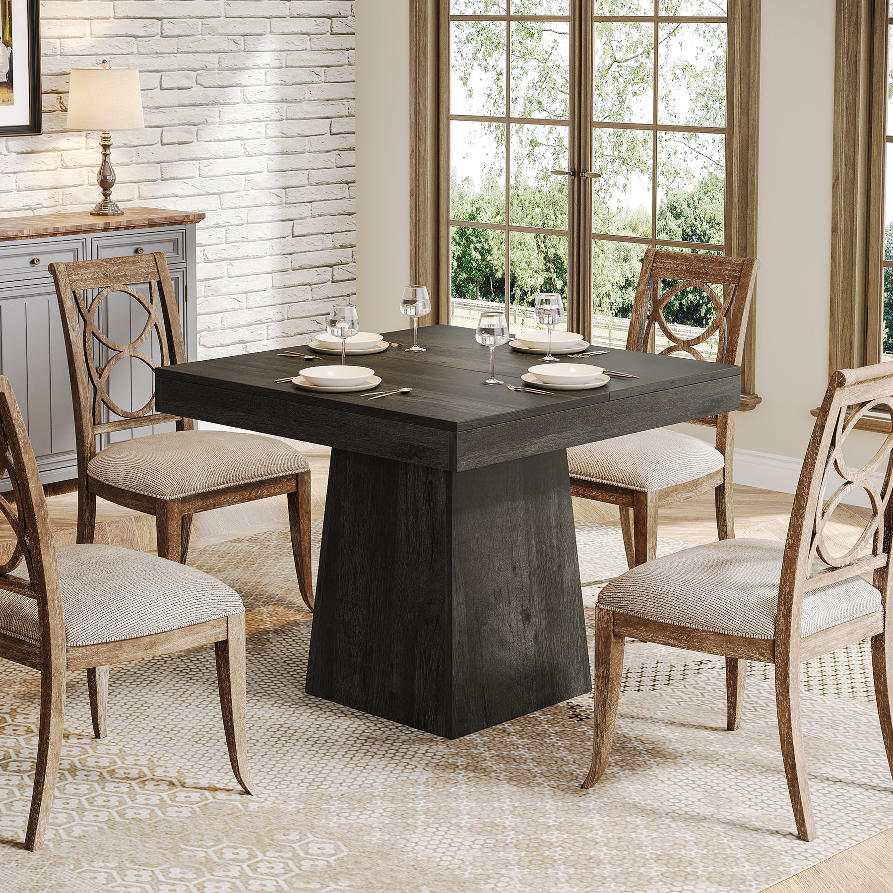 80cm Square Dining Table with Pedestal Base, 4-Seater Compact Farmhouse Style Dining Table