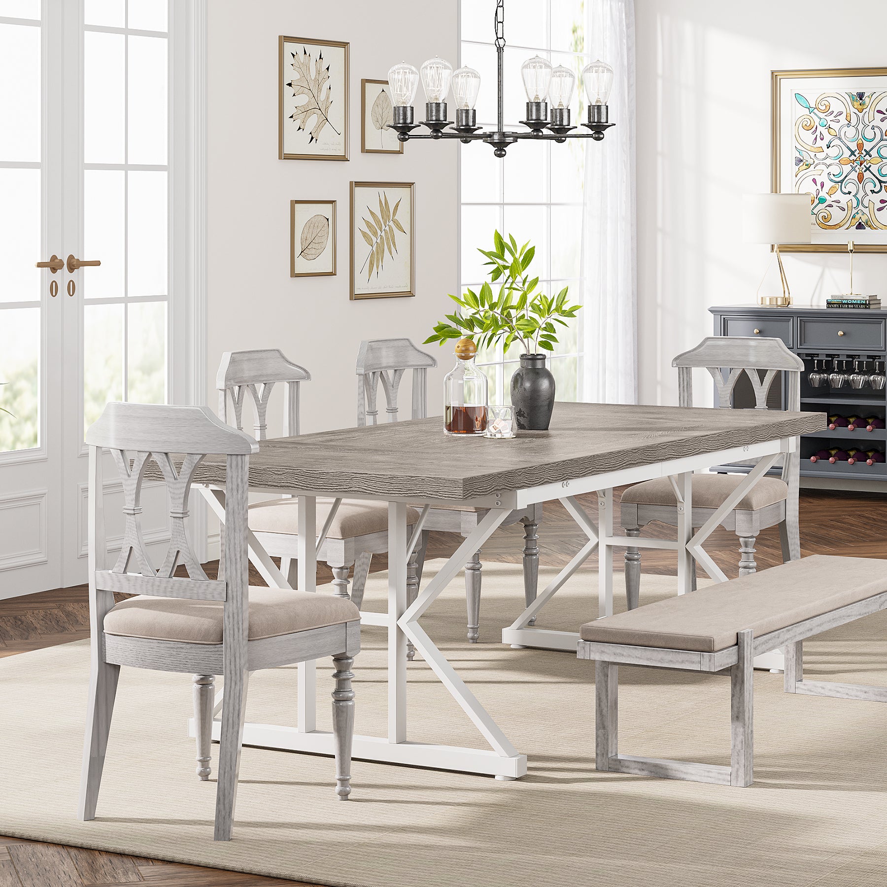 Wood Dining Table, Farmhouse 180cm Kitchen Table for 6 People