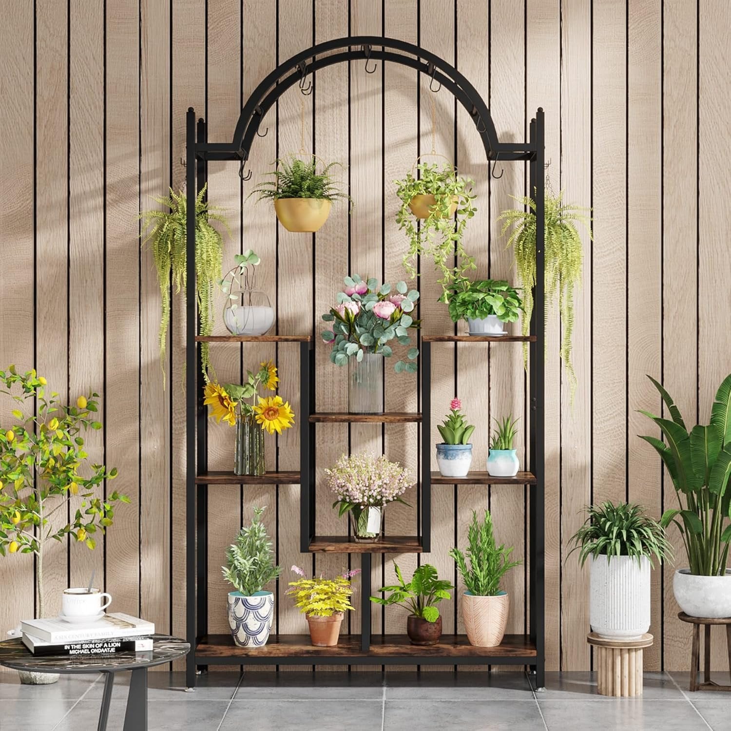 Arched Plant Stand, 74.8" Flower Stands with Hanging Hooks