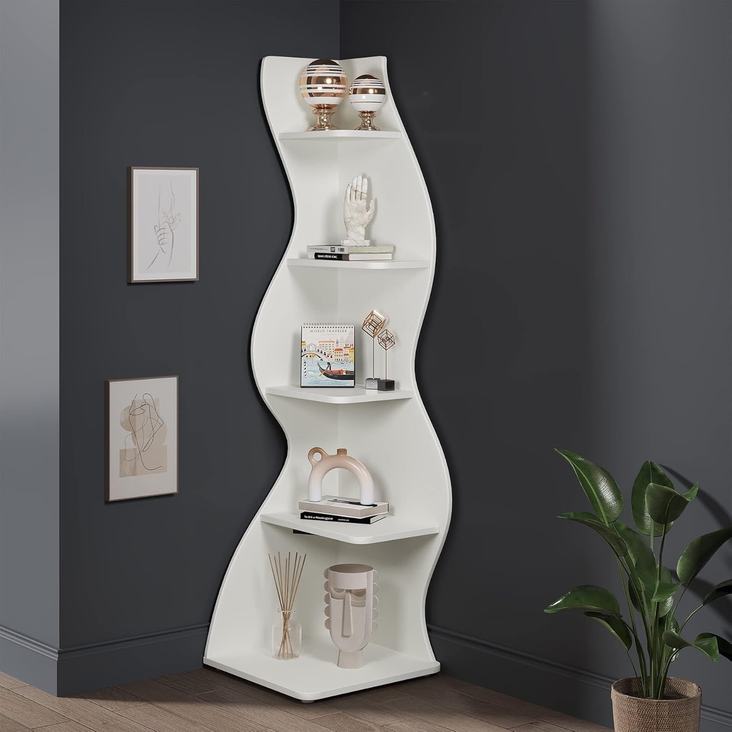 Modern 5-Tier Wall Corner Bookshelf Bookcase