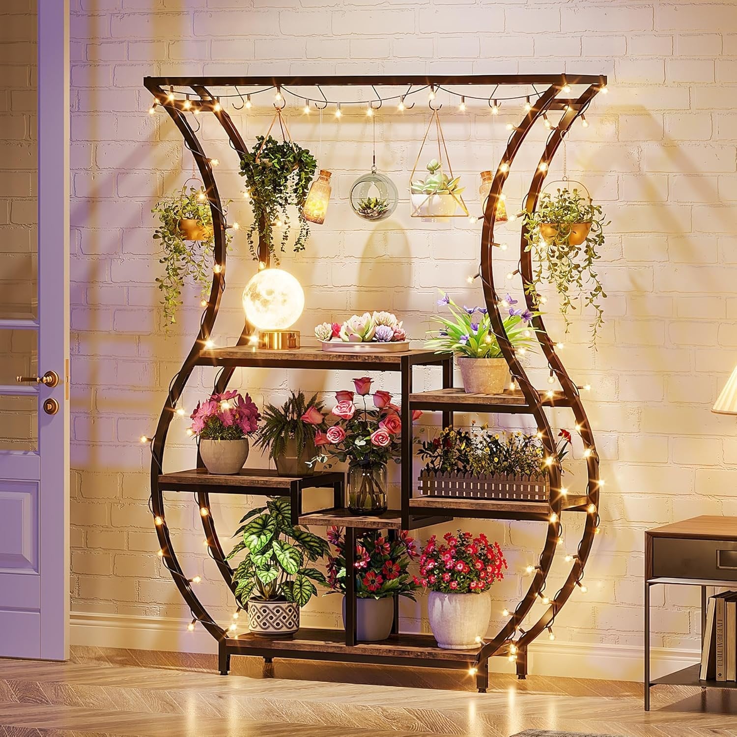 Vase-Shaped Plant Stand, 6-Tier Plant Display Rack with 10 Hanging Hooks