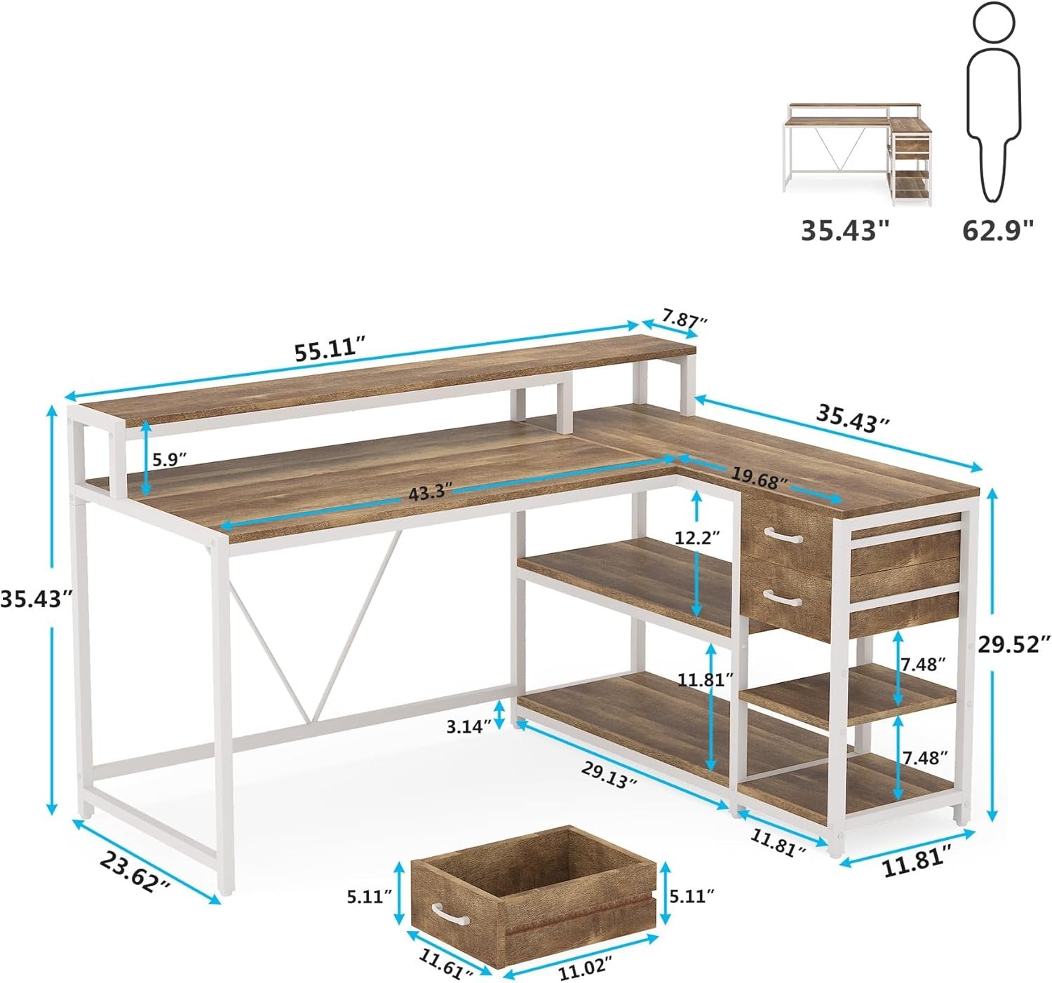 Reversible L-Shaped Desk, Industrial Corner Desk with Drawer & Shelves