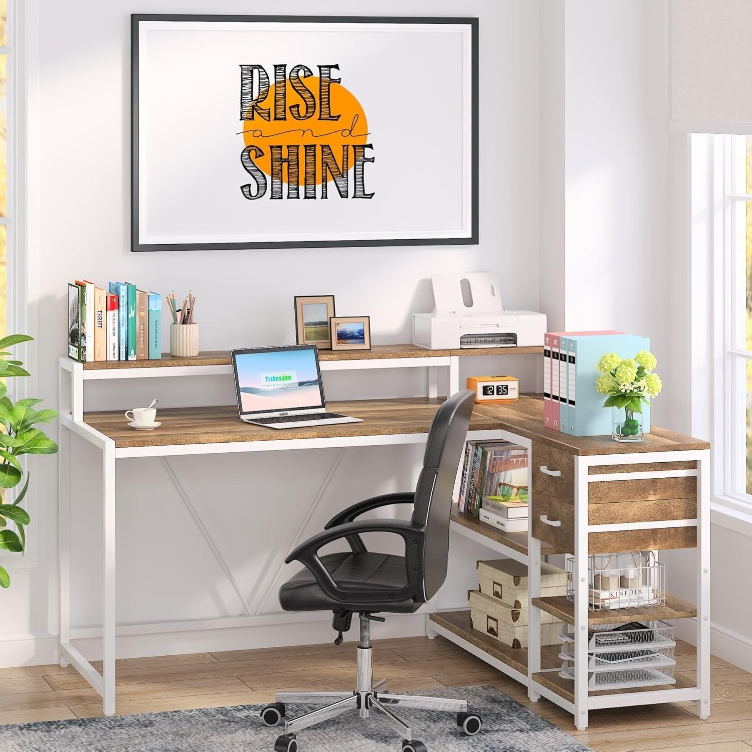 Reversible L-Shaped Desk, Industrial Corner Desk with Drawer & Shelves