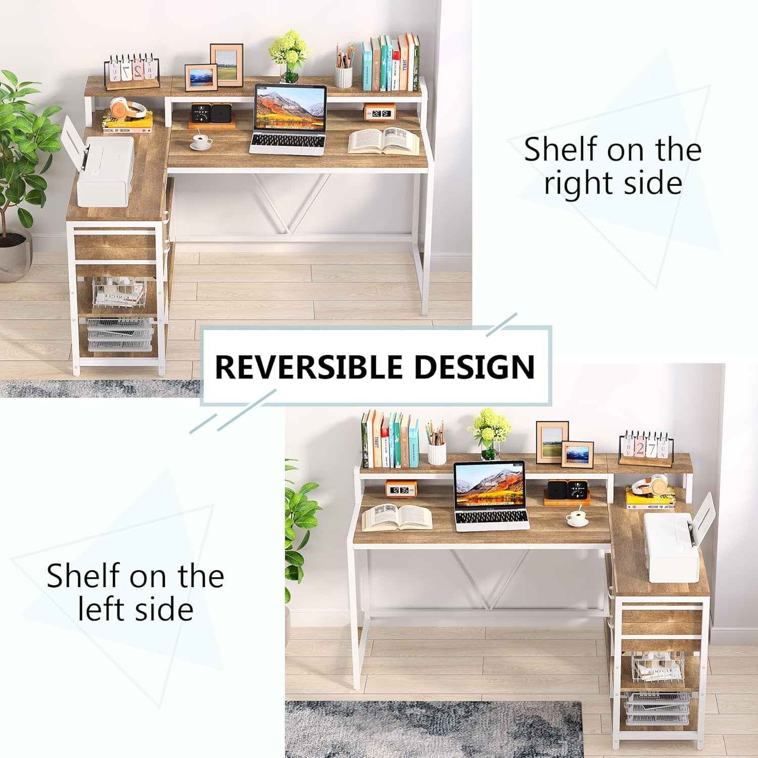 Reversible L-Shaped Desk, Industrial Corner Desk with Drawer & Shelves