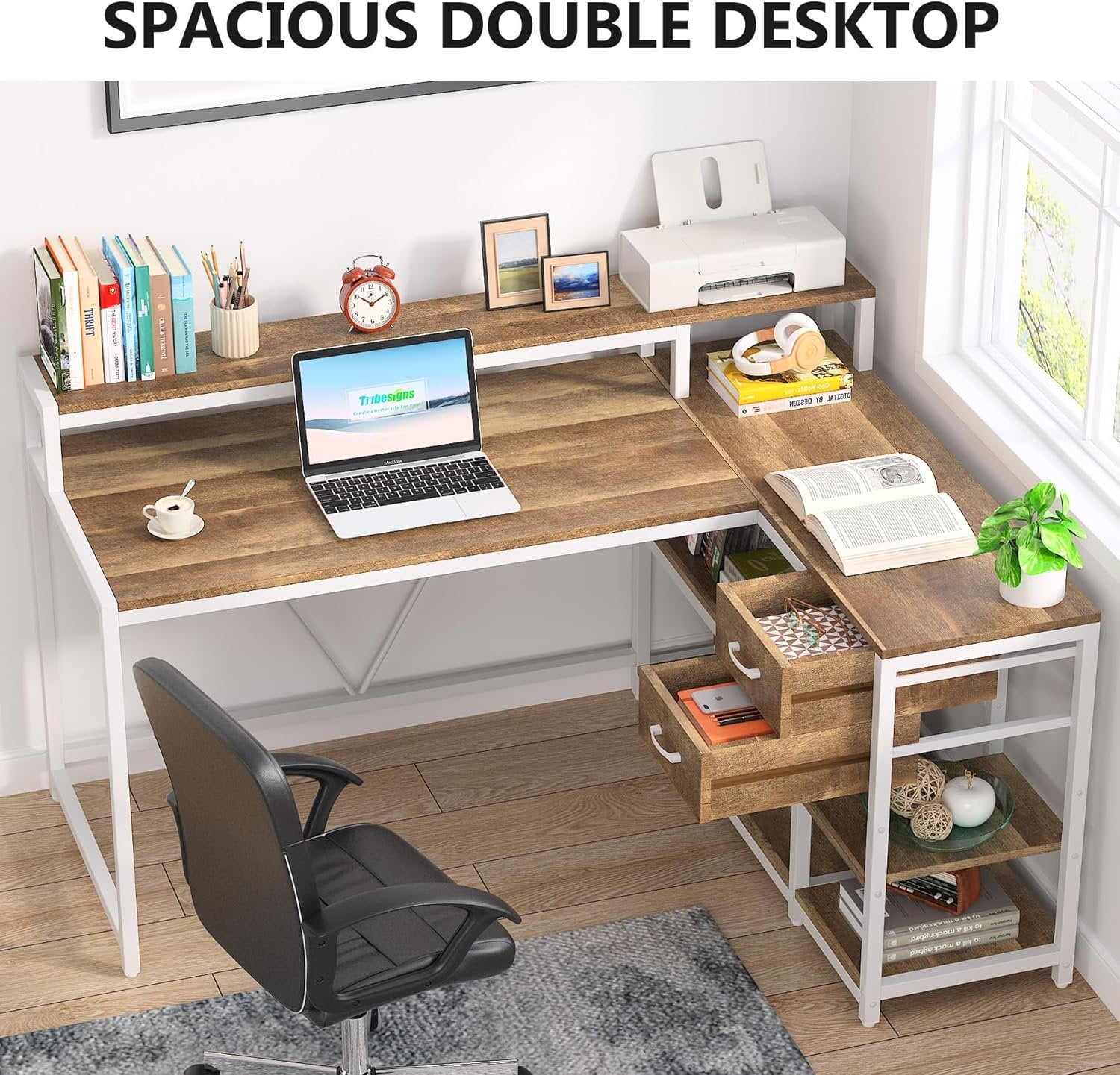 Reversible L-Shaped Desk, Industrial Corner Desk with Drawer & Shelves