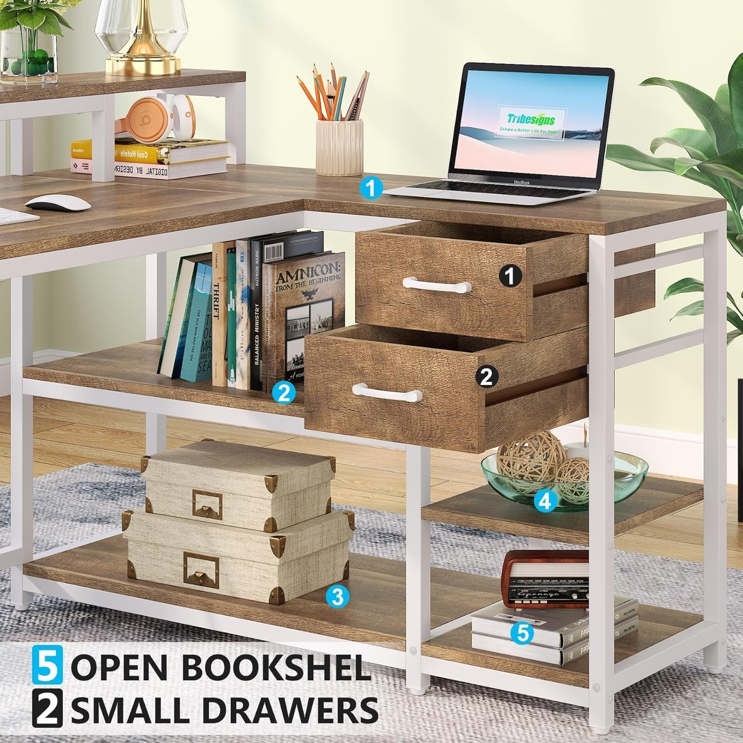 Reversible L-Shaped Desk, Industrial Corner Desk with Drawer & Shelves