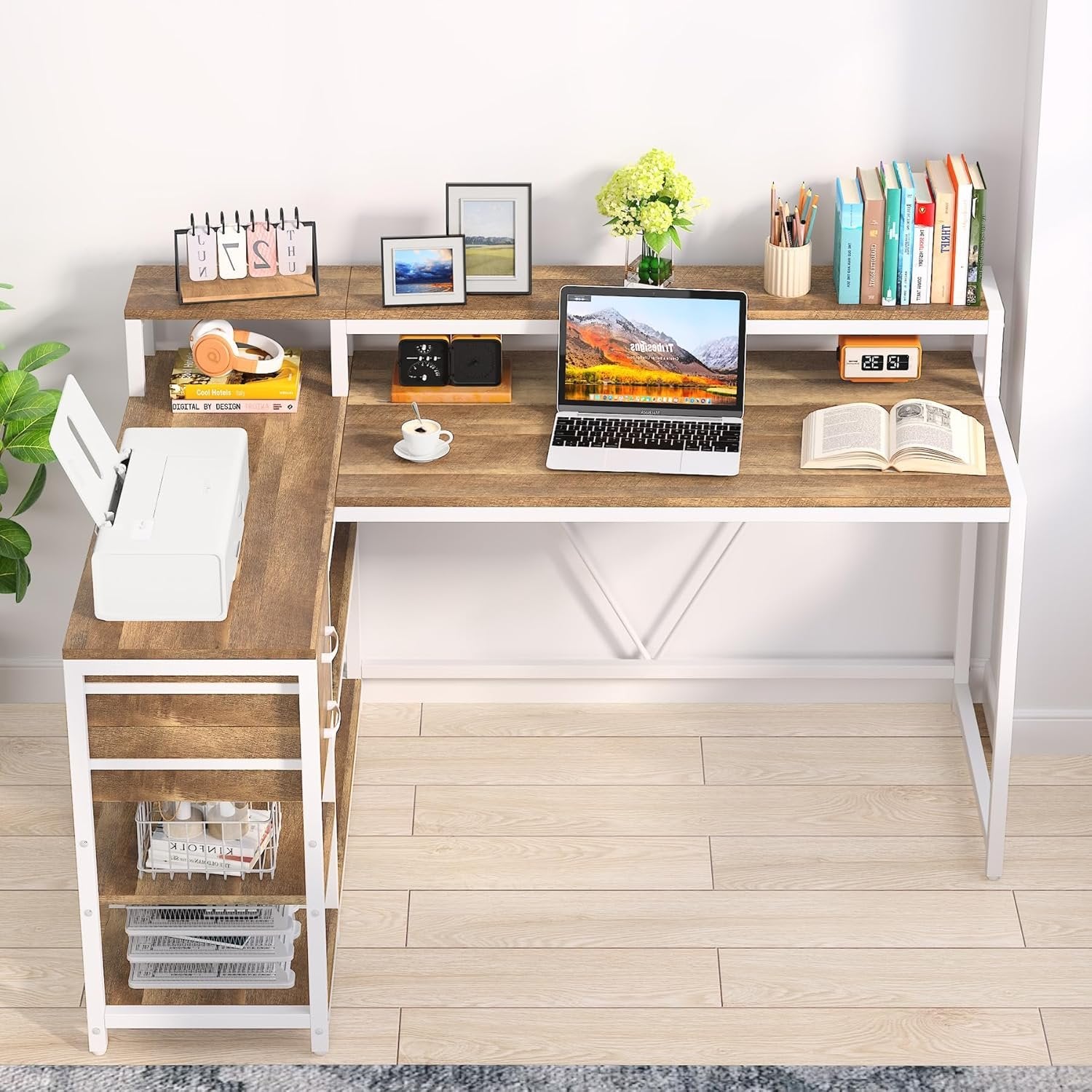 Reversible L-Shaped Desk, Industrial Corner Desk with Drawer & Shelves