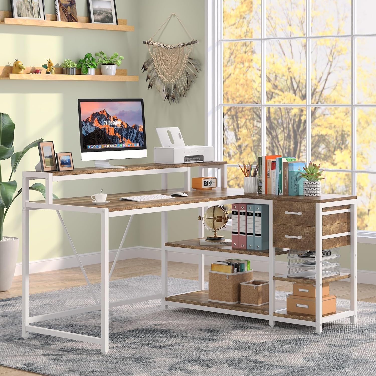 Reversible L-Shaped Desk, Industrial Corner Desk with Drawer & Shelves