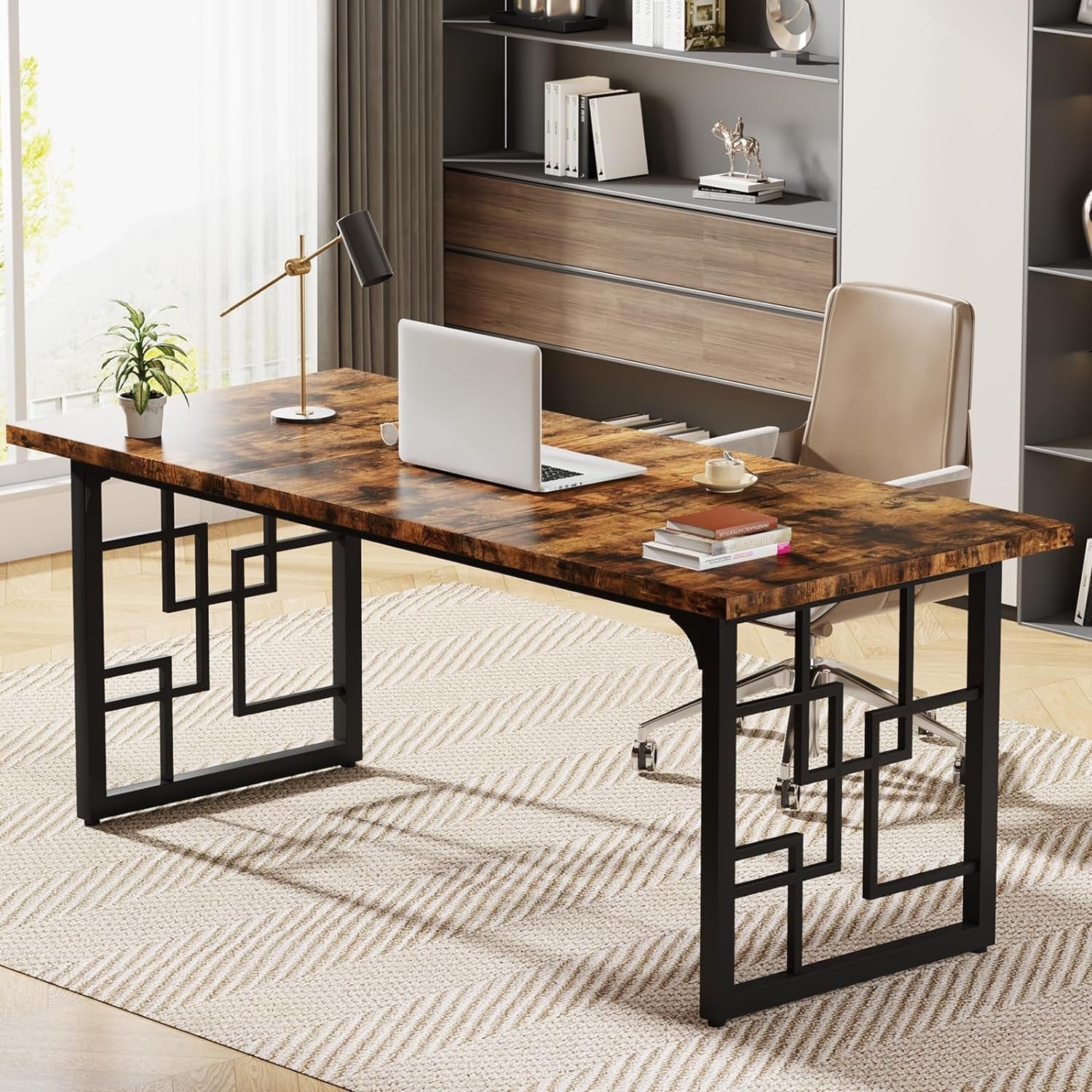 160cm Large Executive Desk with Wooden Top and Metal Legs, Industrial Computer Desk for Home Office