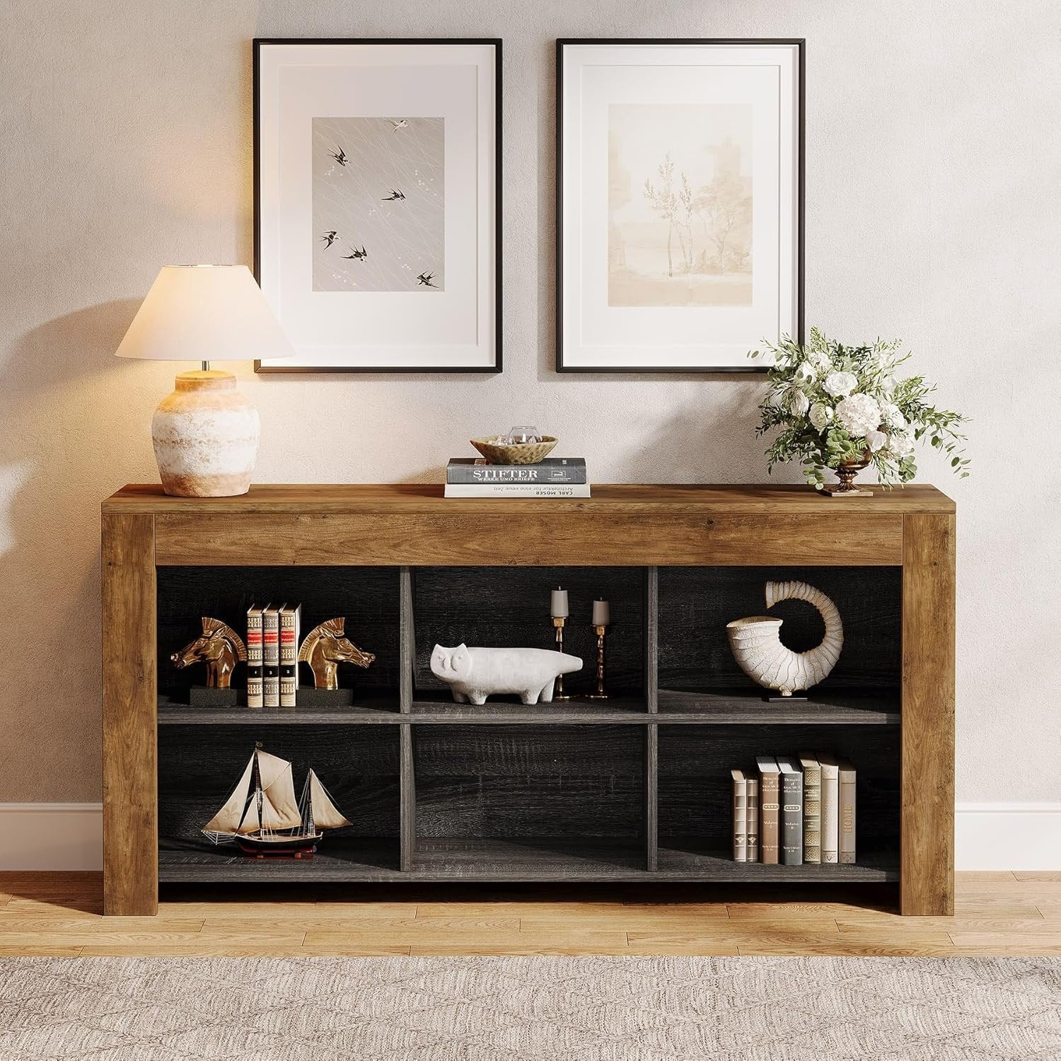 160 cm Console Table with 6 Storage Cubes, Rustic Wood Entryway Table