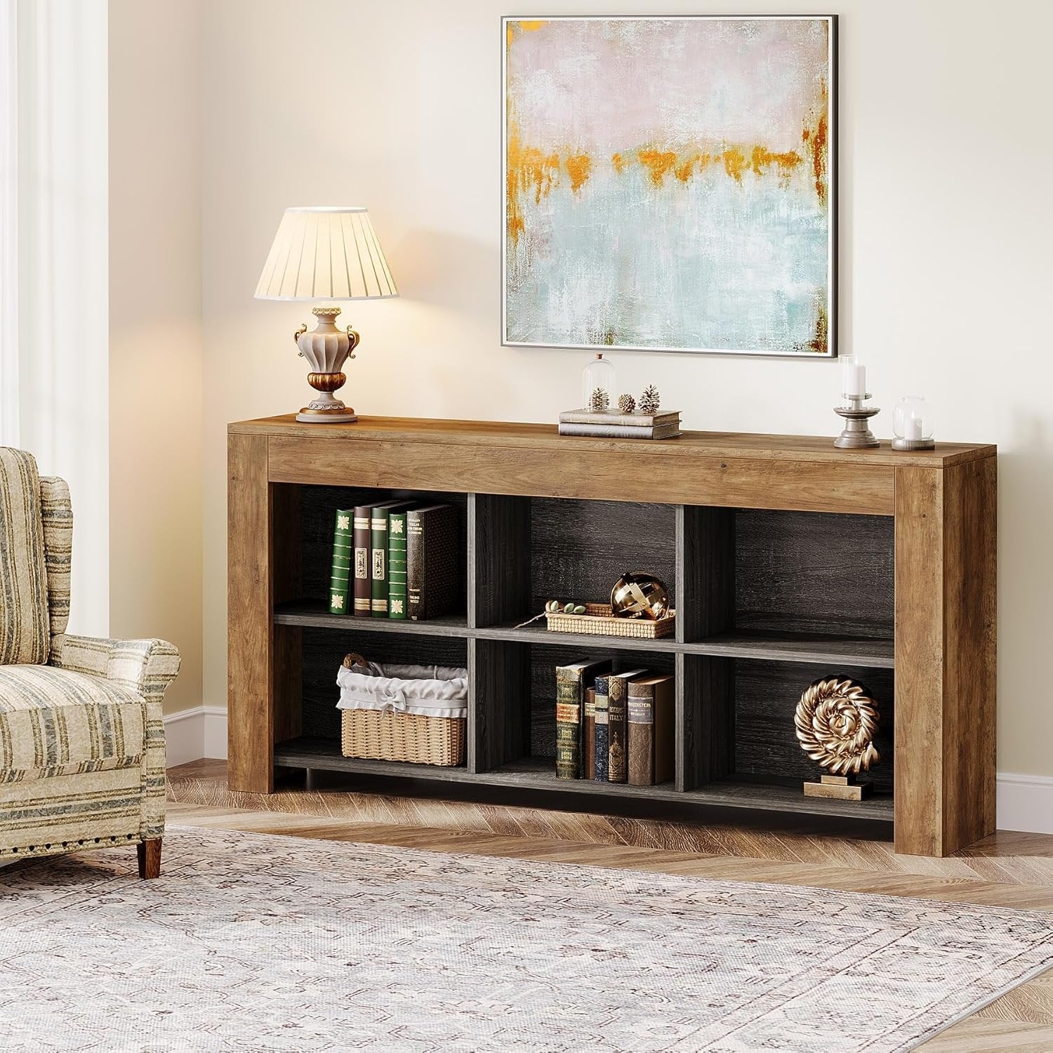 160 cm Console Table with 6 Storage Cubes, Rustic Wood Entryway Table
