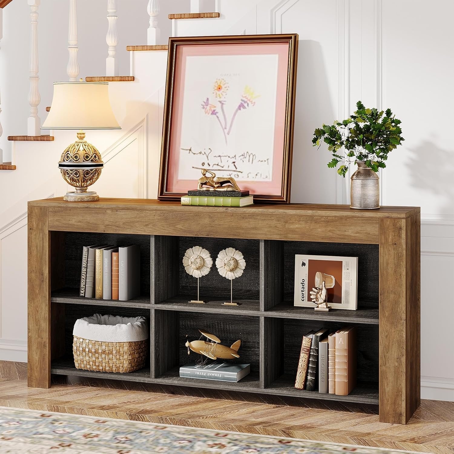 160 cm Console Table with 6 Storage Cubes, Rustic Wood Entryway Table