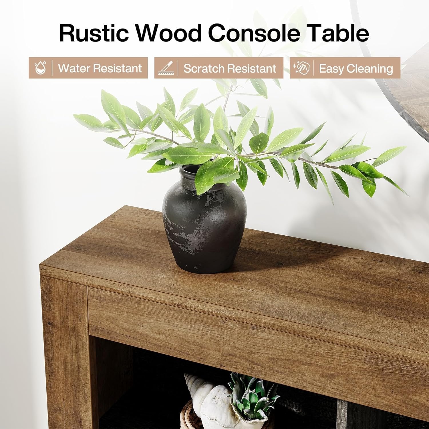 160 cm Console Table with 6 Storage Cubes, Rustic Wood Entryway Table