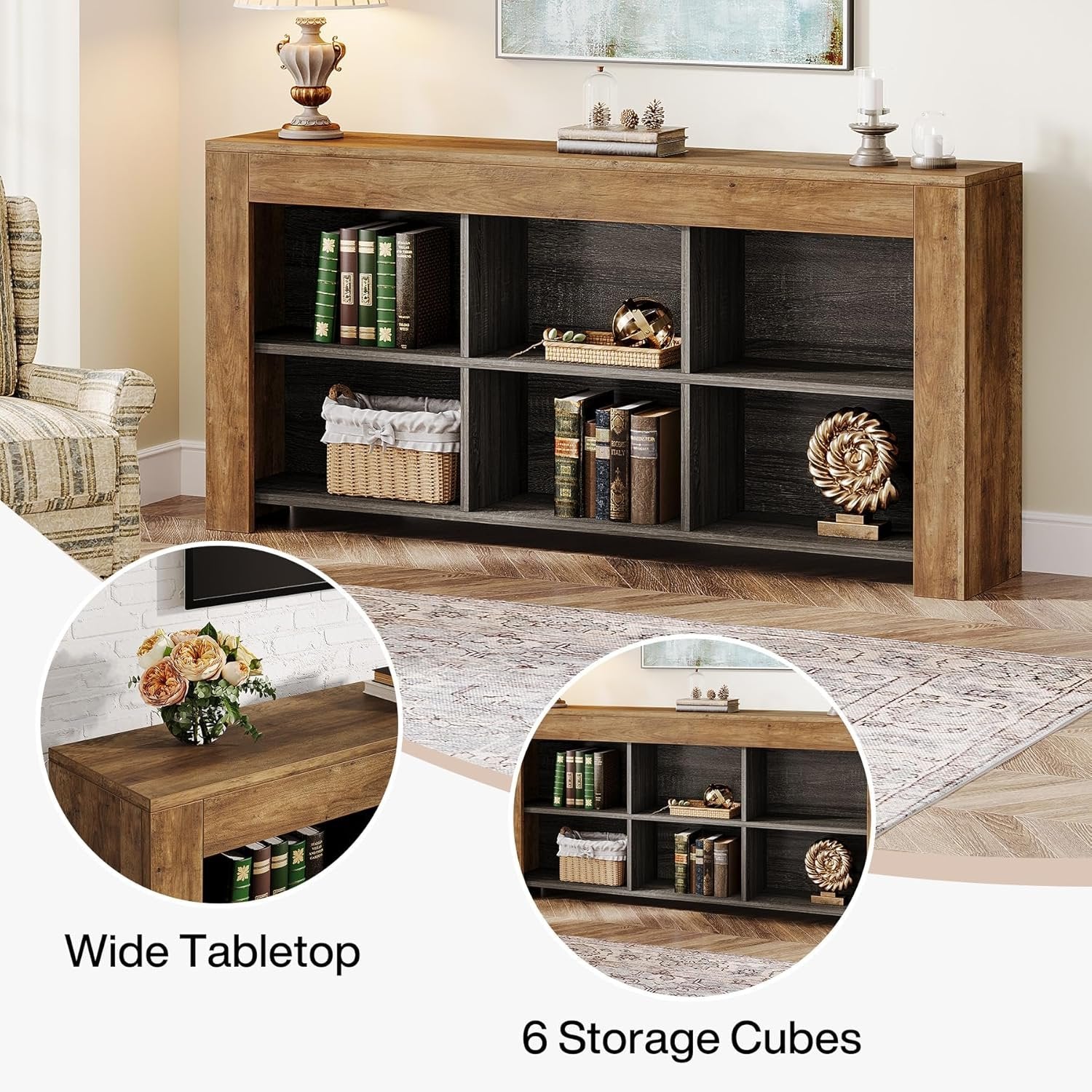 160 cm Console Table with 6 Storage Cubes, Rustic Wood Entryway Table