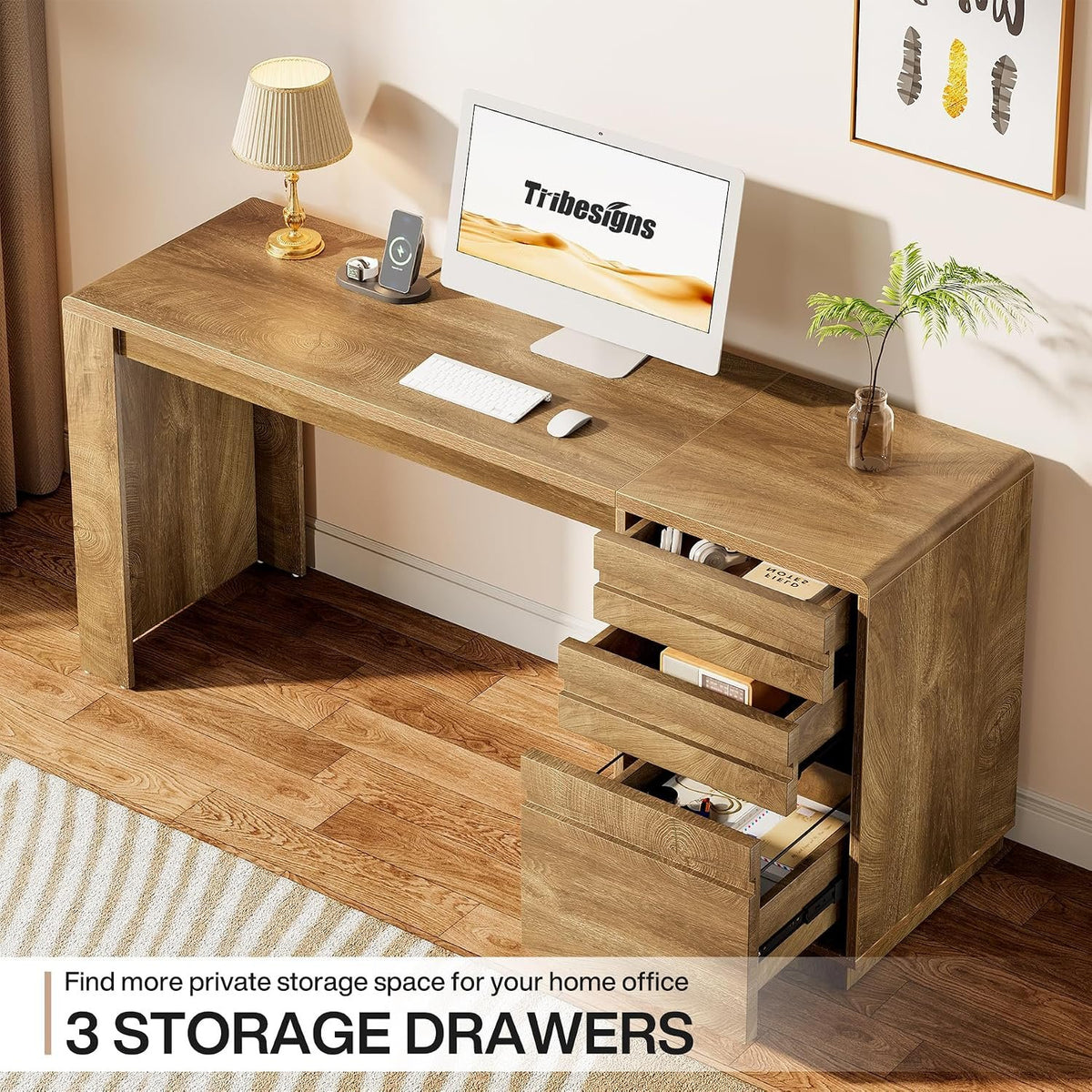140 cm Farmhouse Office Desk with 3 Drawers, Rustic Computer Desk