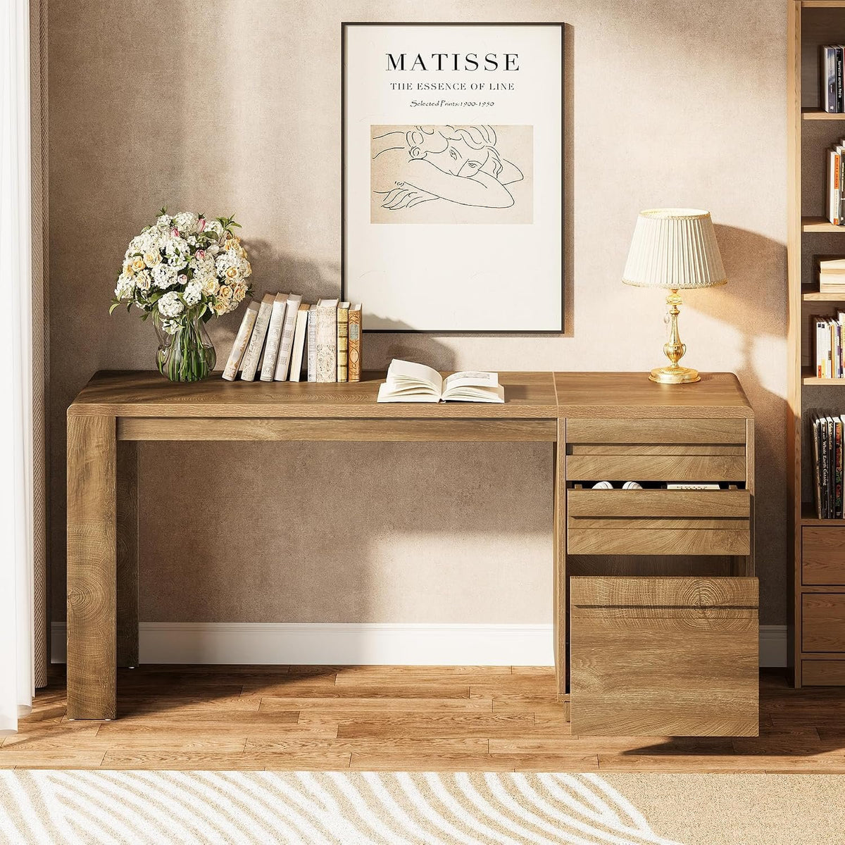 140 cm Farmhouse Office Desk with 3 Drawers, Rustic Computer Desk