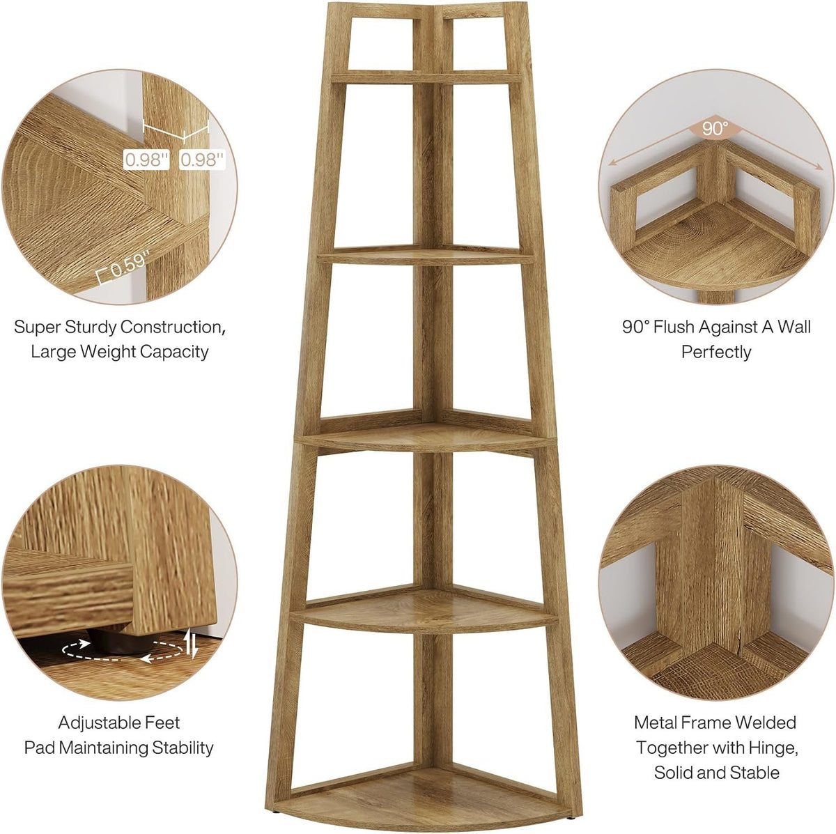 5-Tier Corner Shelf, Tall Freestanding Storage Rack for Small Spaces