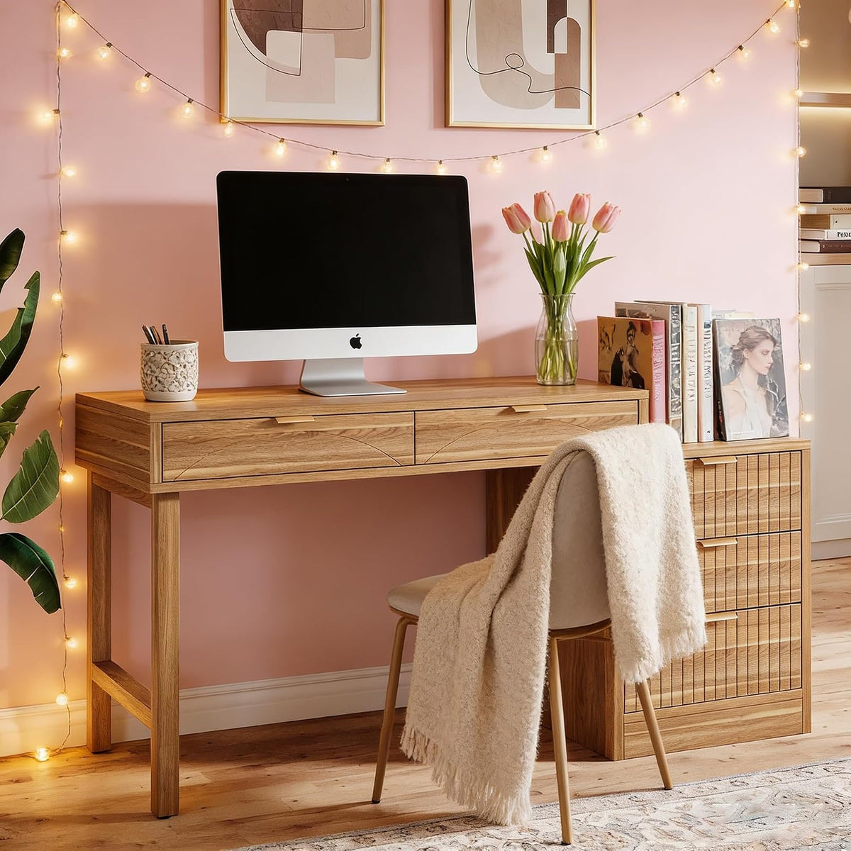 Walnut Brown Computer Desk with 5 Drawers, Reversible Storage Cabinet