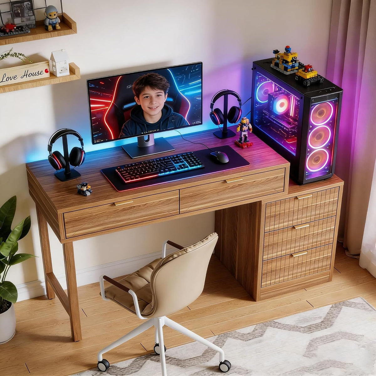 Walnut Brown Computer Desk with 5 Drawers, Reversible Storage Cabinet