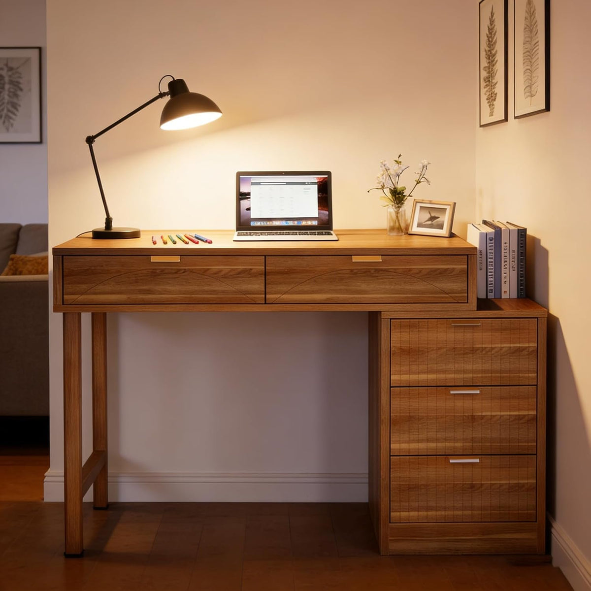 Walnut Brown Computer Desk with 5 Drawers, Reversible Storage Cabinet