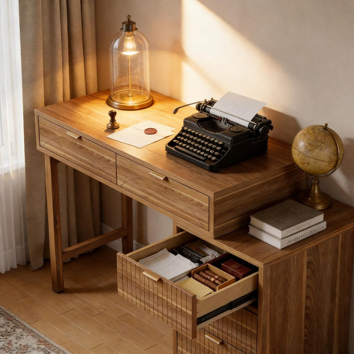 Walnut Brown Computer Desk with 5 Drawers, Reversible Storage Cabinet