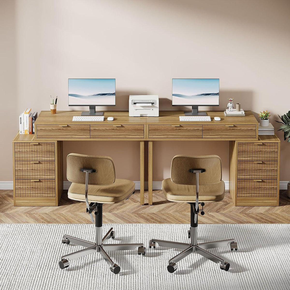 Walnut Brown Computer Desk with 5 Drawers, Reversible Storage Cabinet