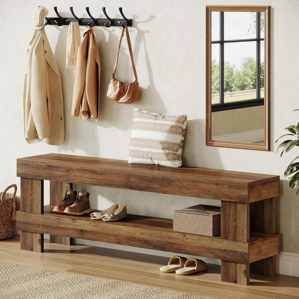 150 cm Entryway Shoe Bench with Storage Shelf, Farmhouse Brown