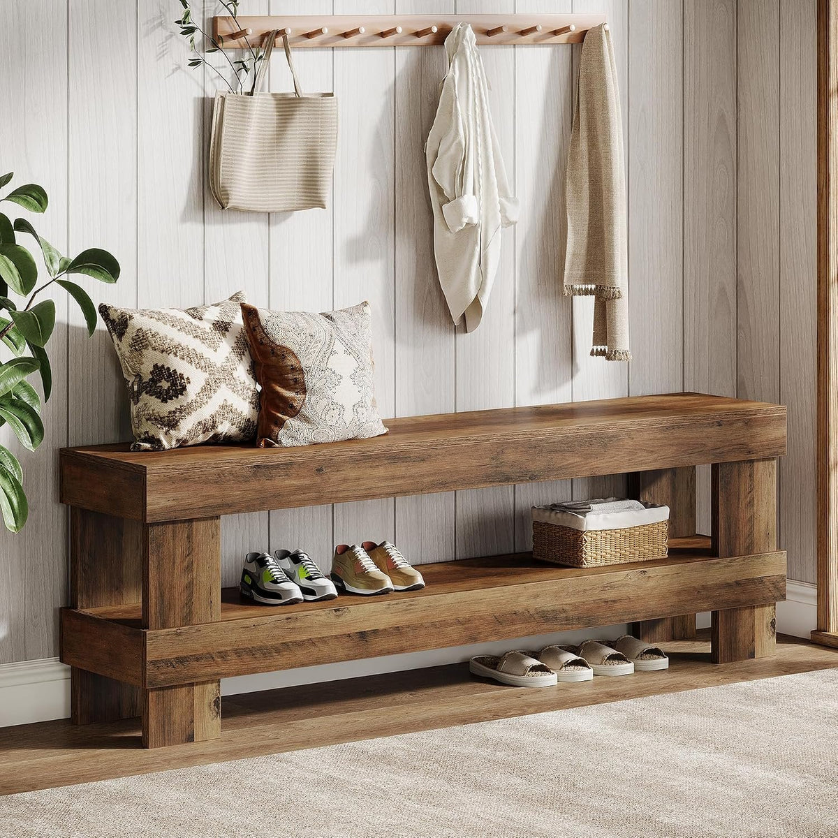 150 cm Entryway Shoe Bench with Storage Shelf, Farmhouse Brown