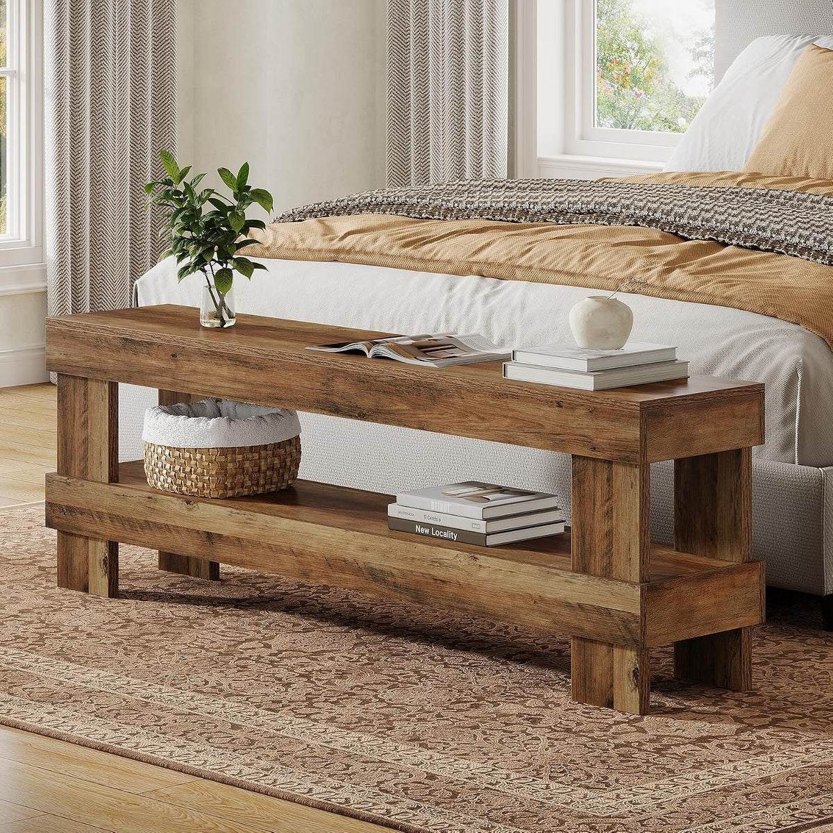 150 cm Entryway Shoe Bench with Storage Shelf, Farmhouse Brown