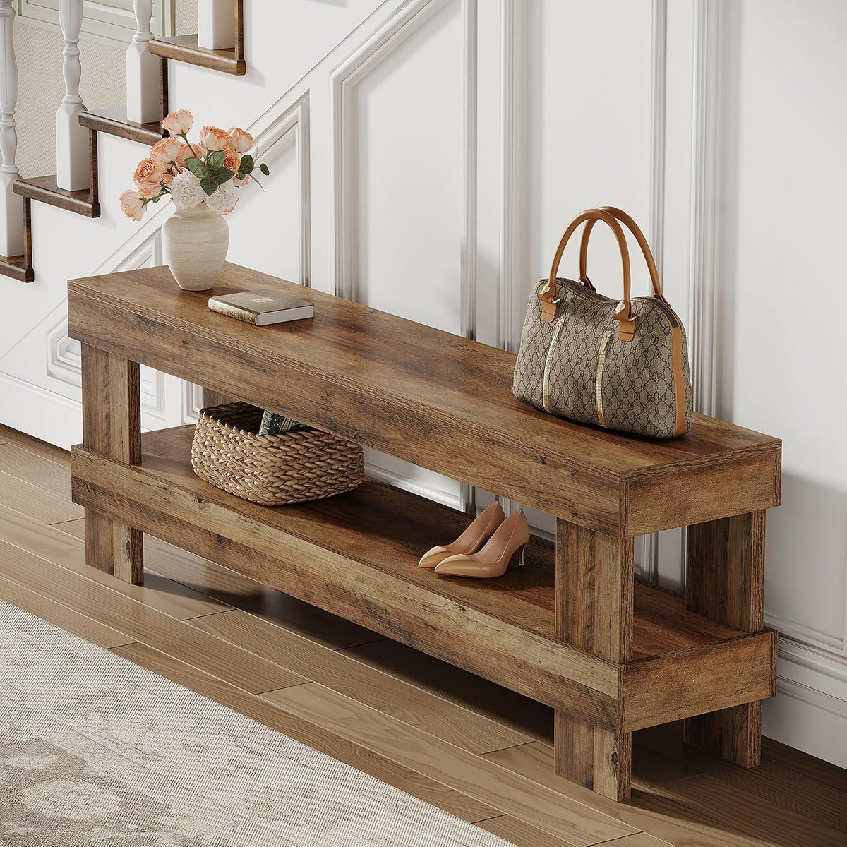 150 cm Entryway Shoe Bench with Storage Shelf, Farmhouse Brown
