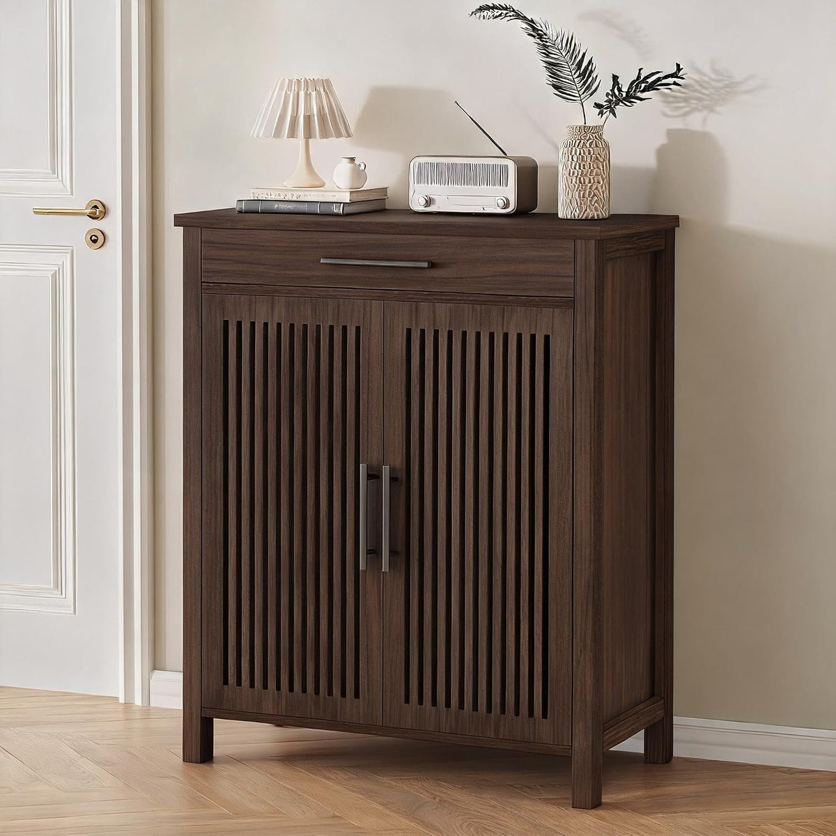 Farmhouse Shoe Cabinet with 5 Adjustable Shelves & Drawer