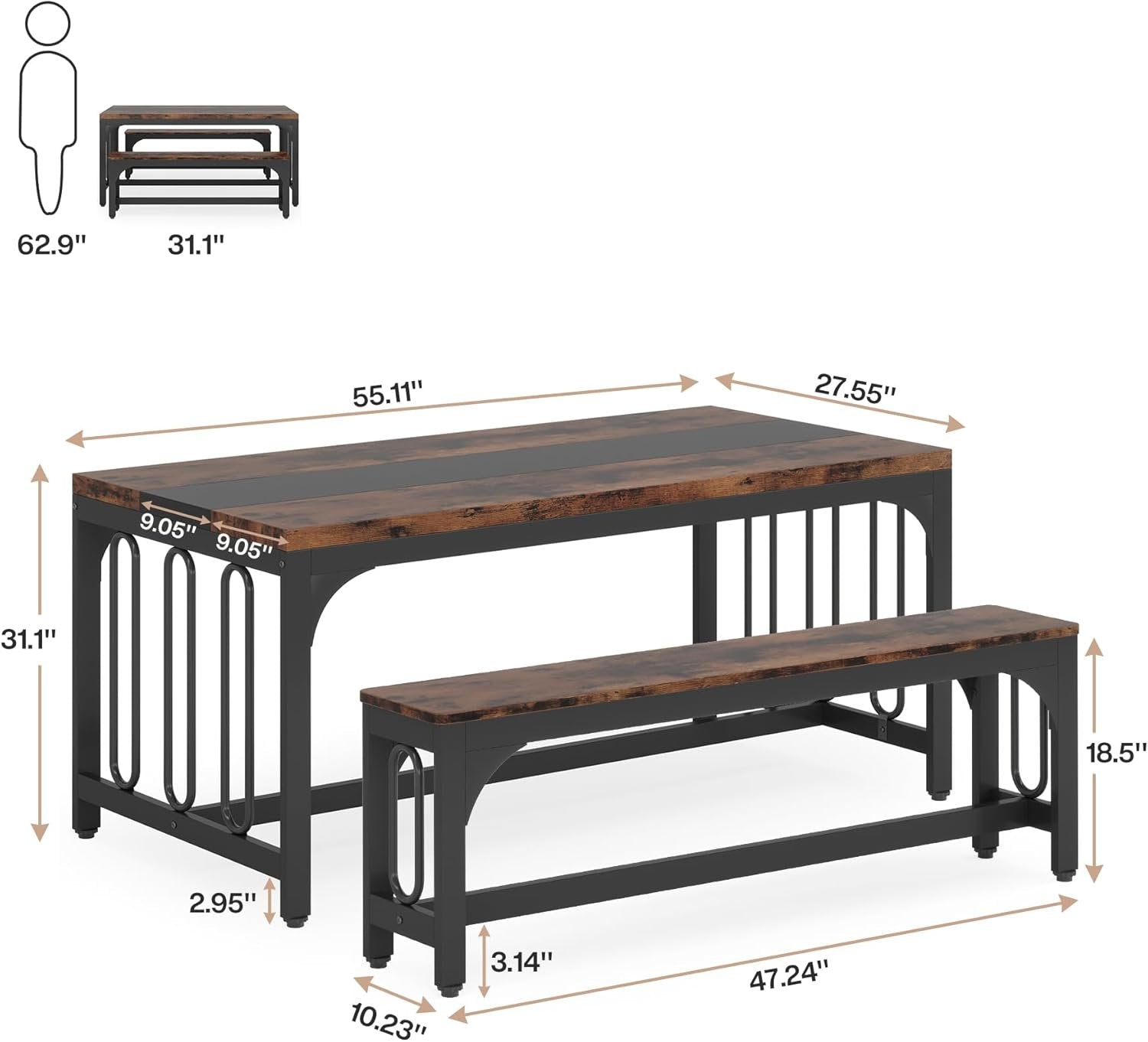 Dining Table Set, 3-Piece Kitchen Table with 2 Benches for 4-6 People