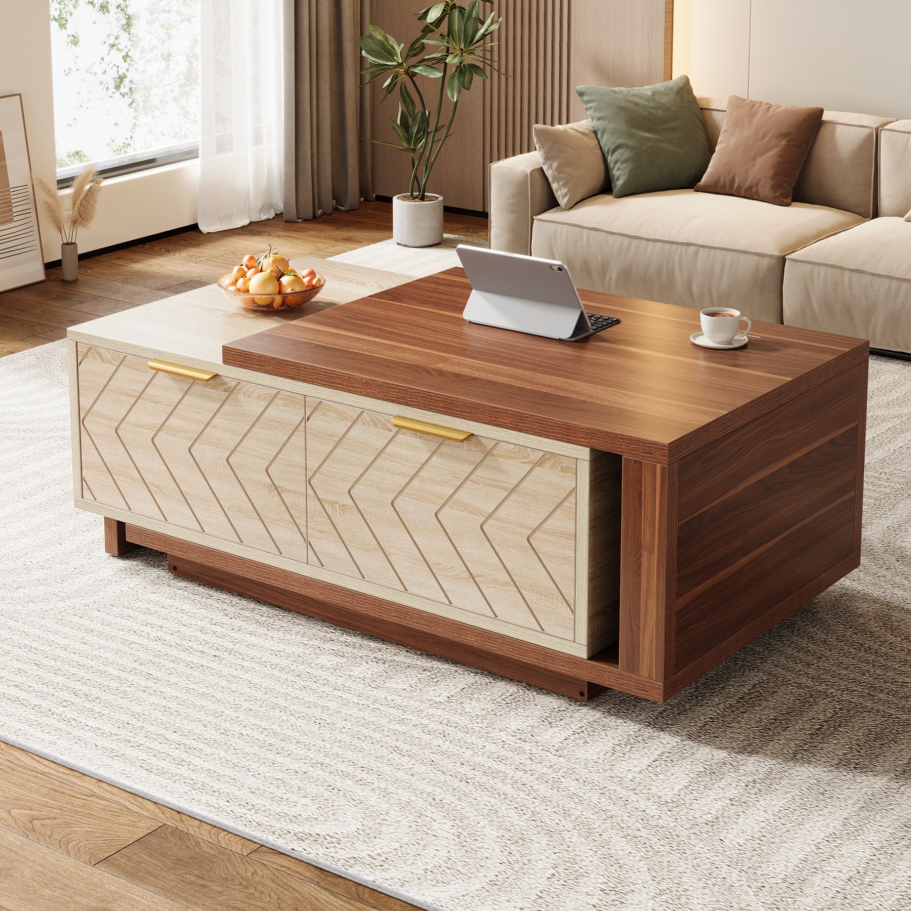 Extendable Coffee Table, Center Table Cocktail Table with 2 Storage Drawers