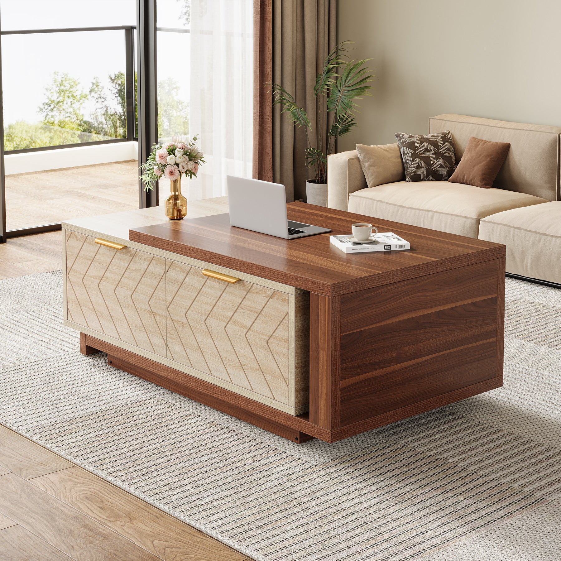 Extendable Coffee Table, Center Table Cocktail Table with 2 Storage Drawers