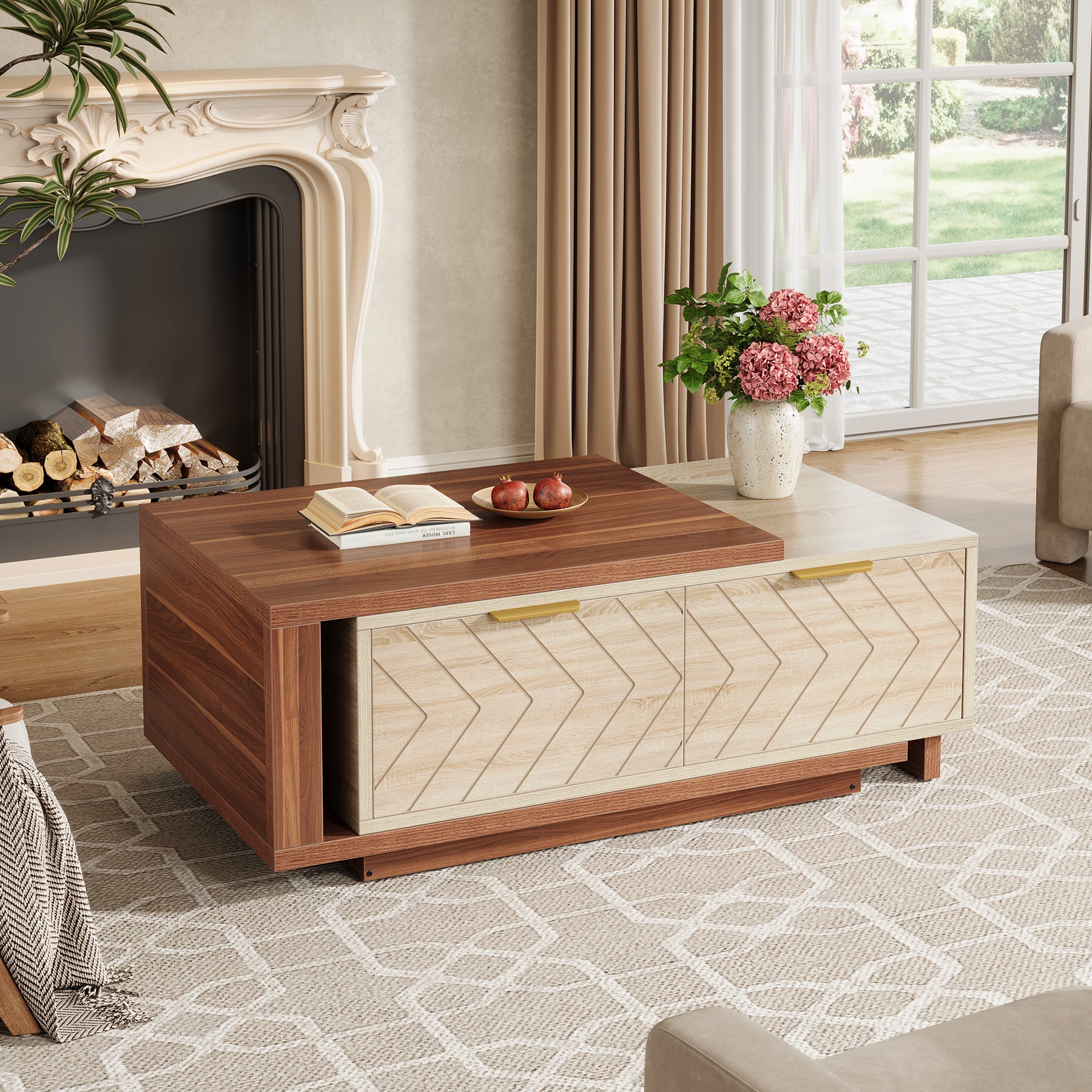 Extendable Coffee Table, Center Table Cocktail Table with 2 Storage Drawers