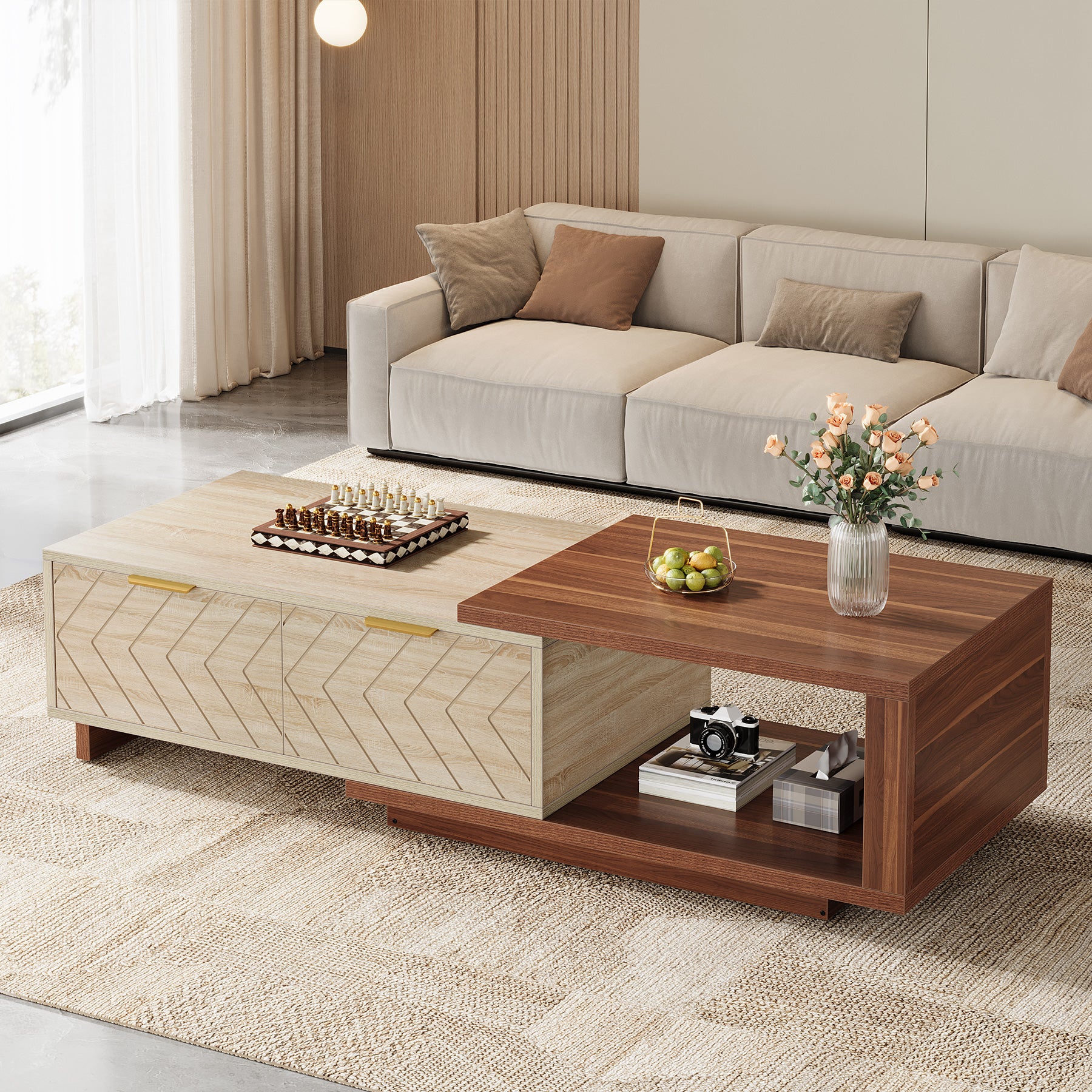 Extendable Coffee Table, Center Table Cocktail Table with 2 Storage Drawers