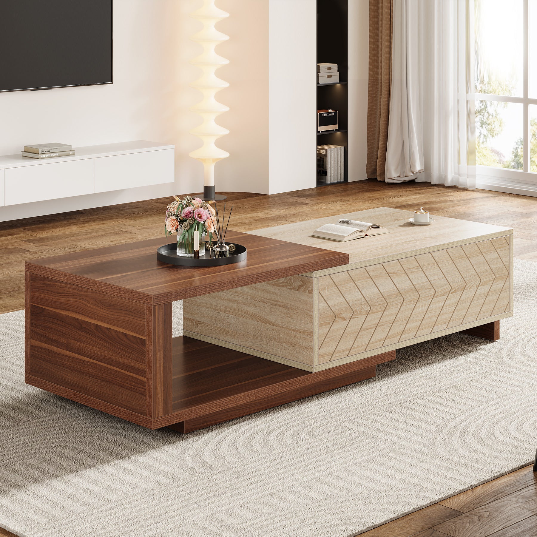 Extendable Coffee Table, Center Table Cocktail Table with 2 Storage Drawers