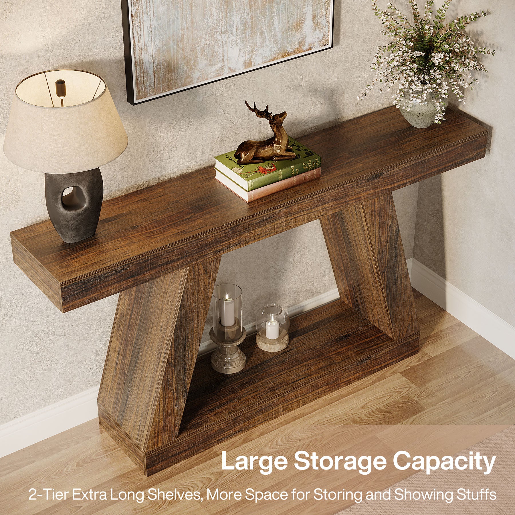 Farmhouse Console Table, 55" Sofa Table with Unique Storage Frame