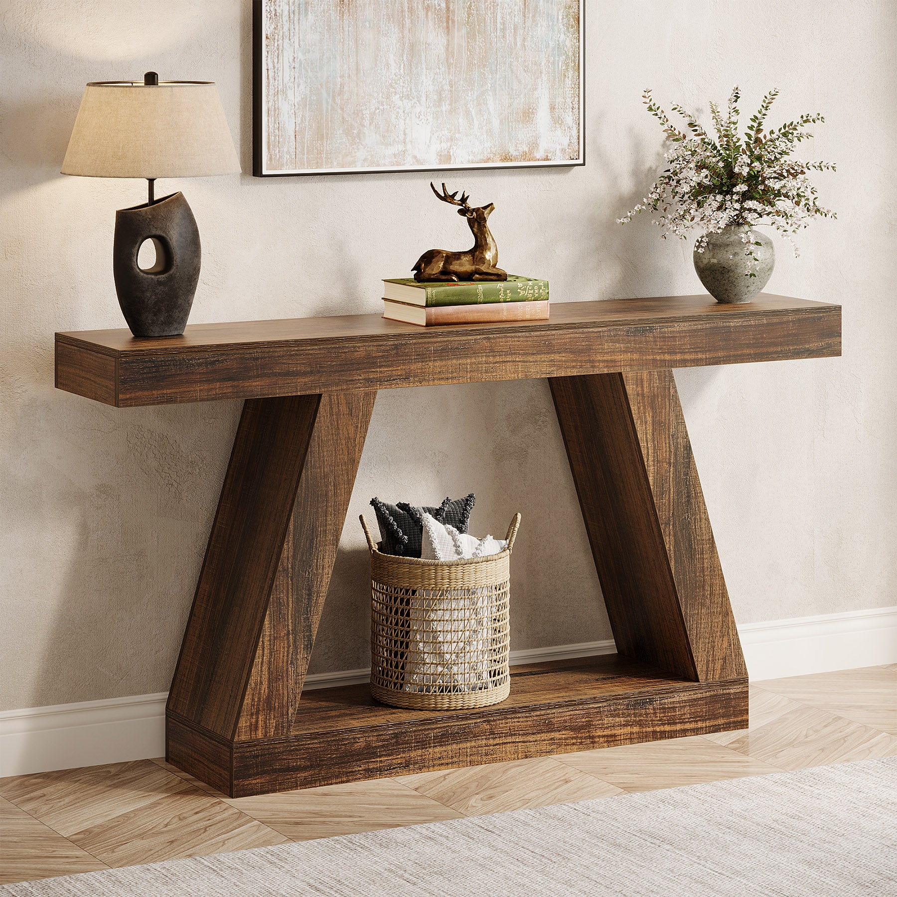 Farmhouse Console Table, 55" Sofa Table with Unique Storage Frame