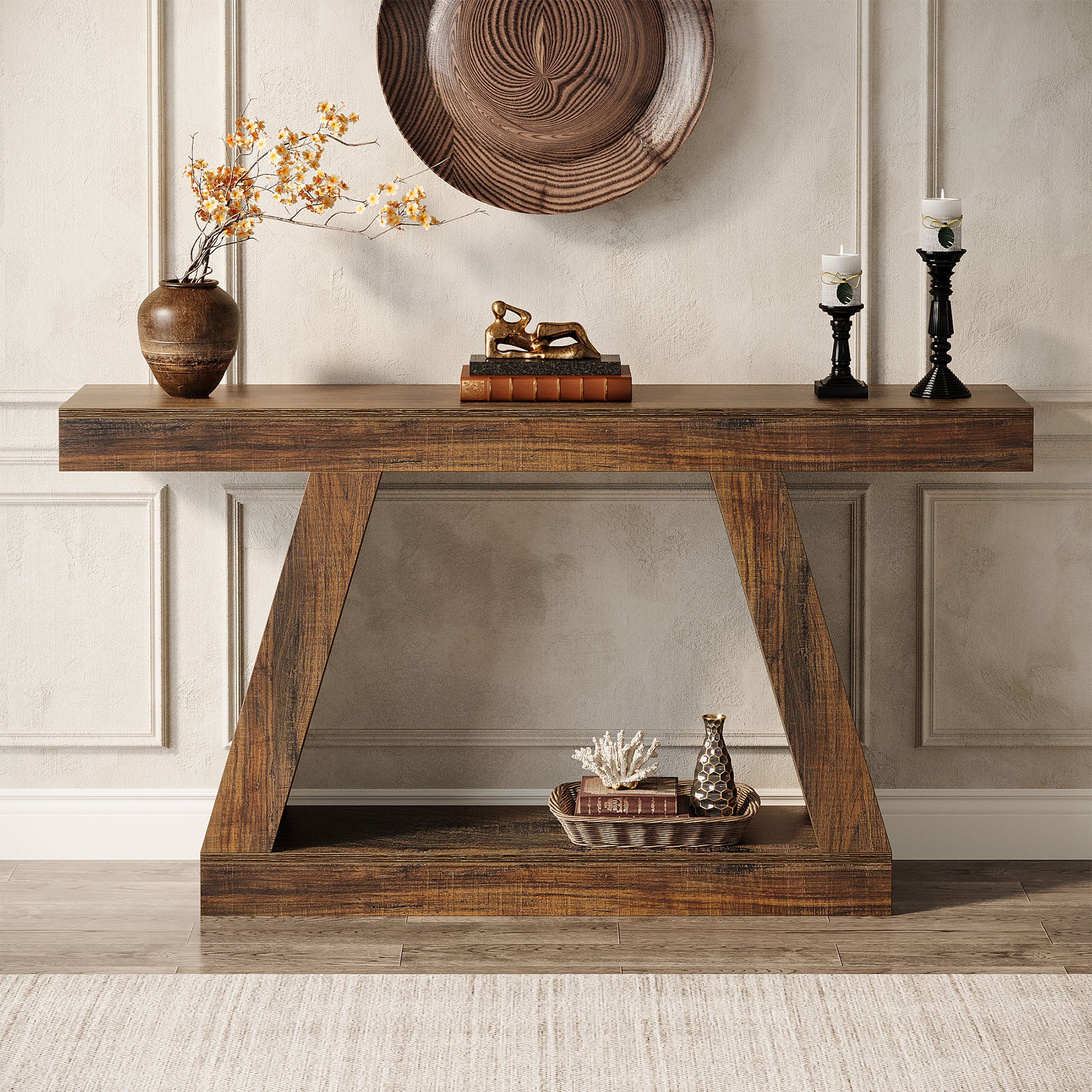 Farmhouse Console Table, 55" Sofa Table with Unique Storage Frame