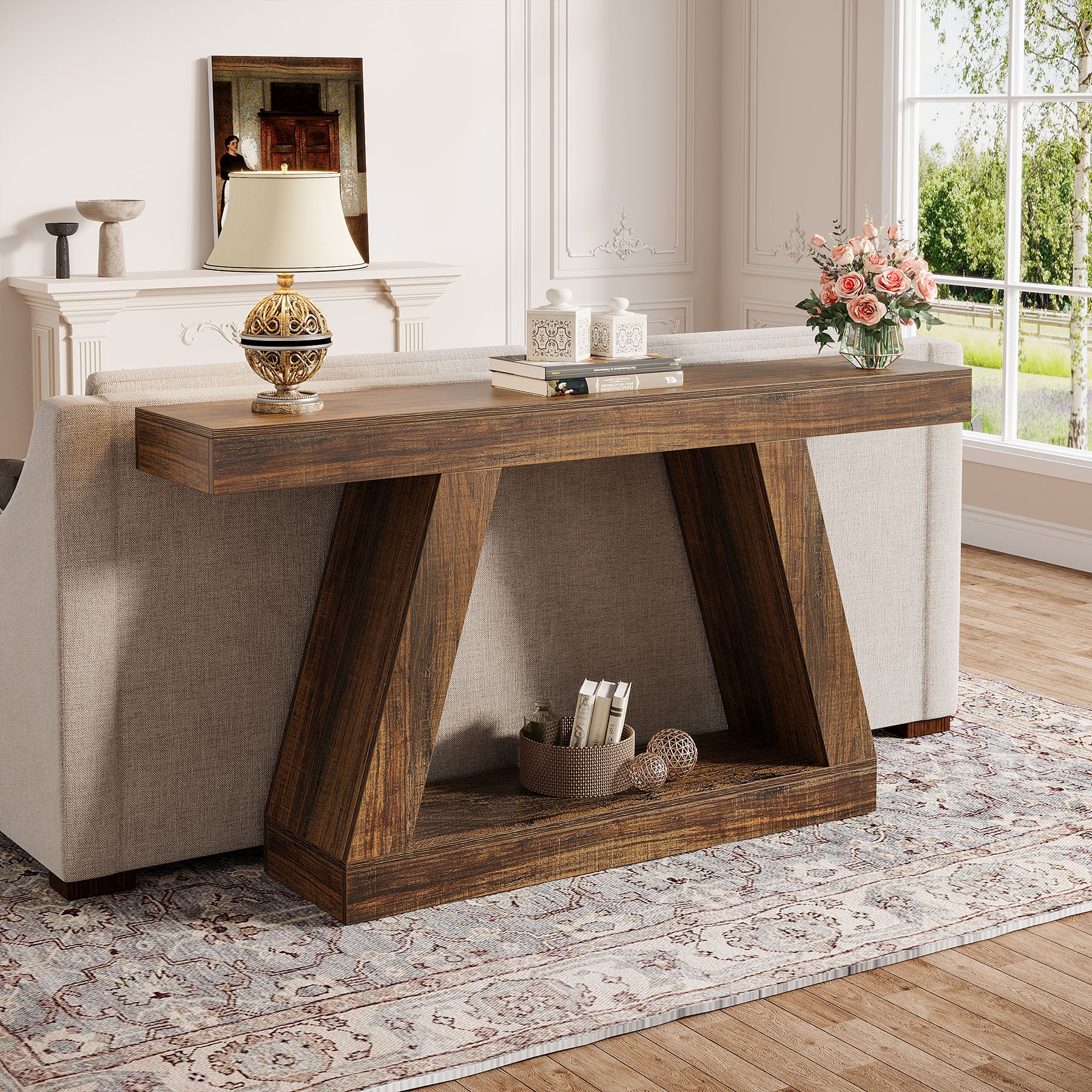 Farmhouse Console Table, 55" Sofa Table with Unique Storage Frame