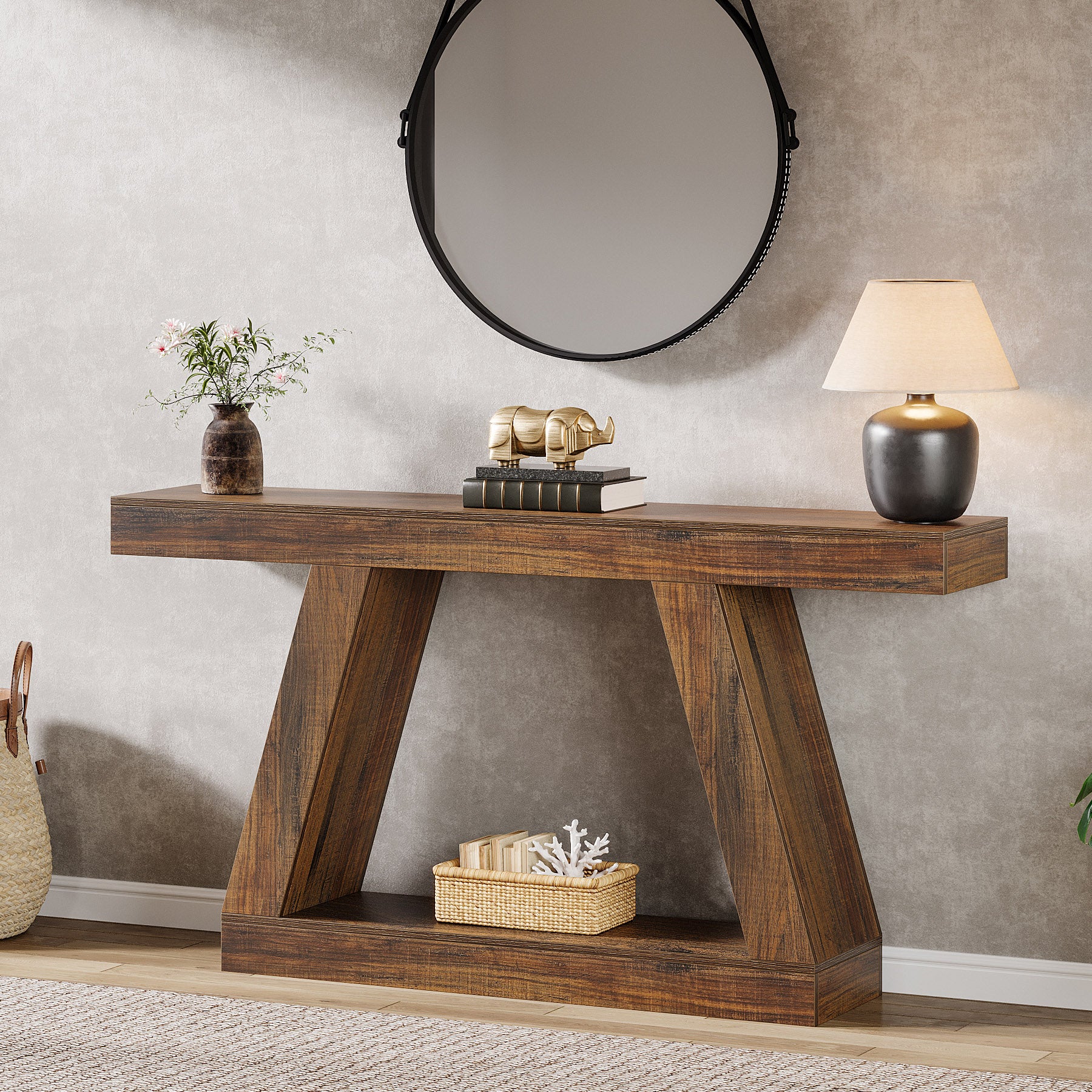 Farmhouse Console Table, 55" Sofa Table with Unique Storage Frame